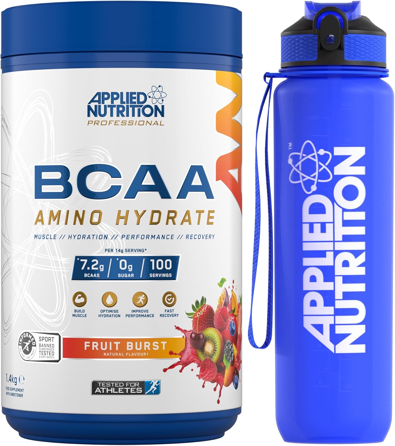 Applied Nutrition Bundle BCAA Amino Hydrate Powder 1.4kg + Lifestyle Water Bottle 1000ml | Branched Chain Amino Acids Supplement, Electrolytes, B Vits, Intra Workout & Recovery Drink (Fruit Burst)