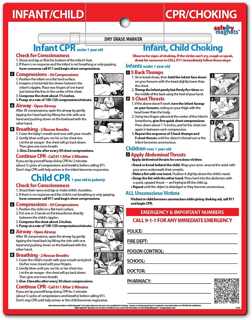 Safety Magnets by ZOCO – Infant and Child CPR & Choking Magnet – Emergency Numbers Fridge Card 8.5x11 Laminated – Infant CPR and Choking Aid for Parents, Daycares & Classrooms