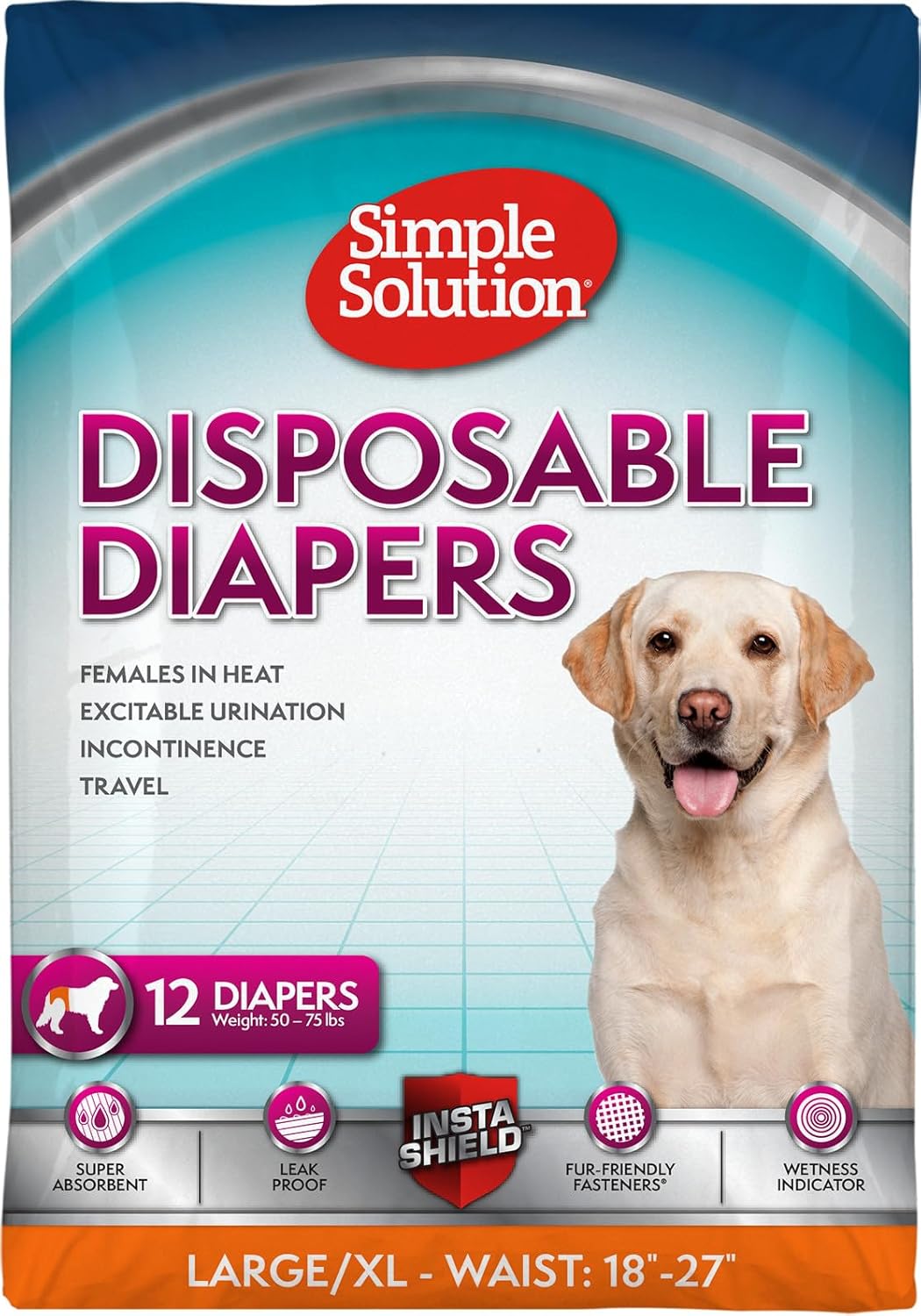 Simple Solution Disposable Dog Diapers for Female Dogs, True Fit, Absorbent, Leak Proof with Wetness Indicator, XL Puppy & Doggie Period Pad and Pee Diaper, for Large Pets, 18-27 Inch Waist, 12 Count