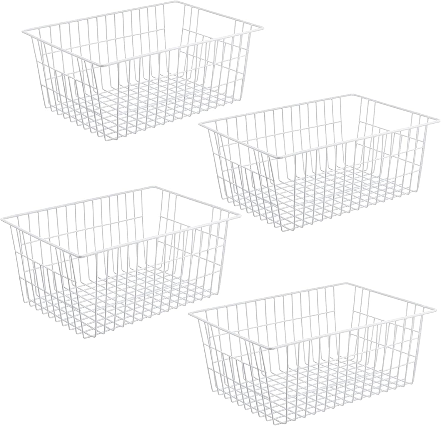 iPEGTOP Wire Storage Freezer Baskets, Set of 4 Large 15.4" Farmhouse Organizer Storage Bins Fridge Basket Rack with Handles for Kitchen Cabinets, Pantry, Office, Bathroom Organization - White