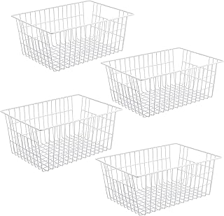 iPEGTOP Wire Storage Freezer Baskets, Set of 4 Large 15.4" Farmhouse Organizer Storage Bins Fridge Basket Rack with Handles for Kitchen Cabinets, Pantry, Office, Bathroom Organization - White