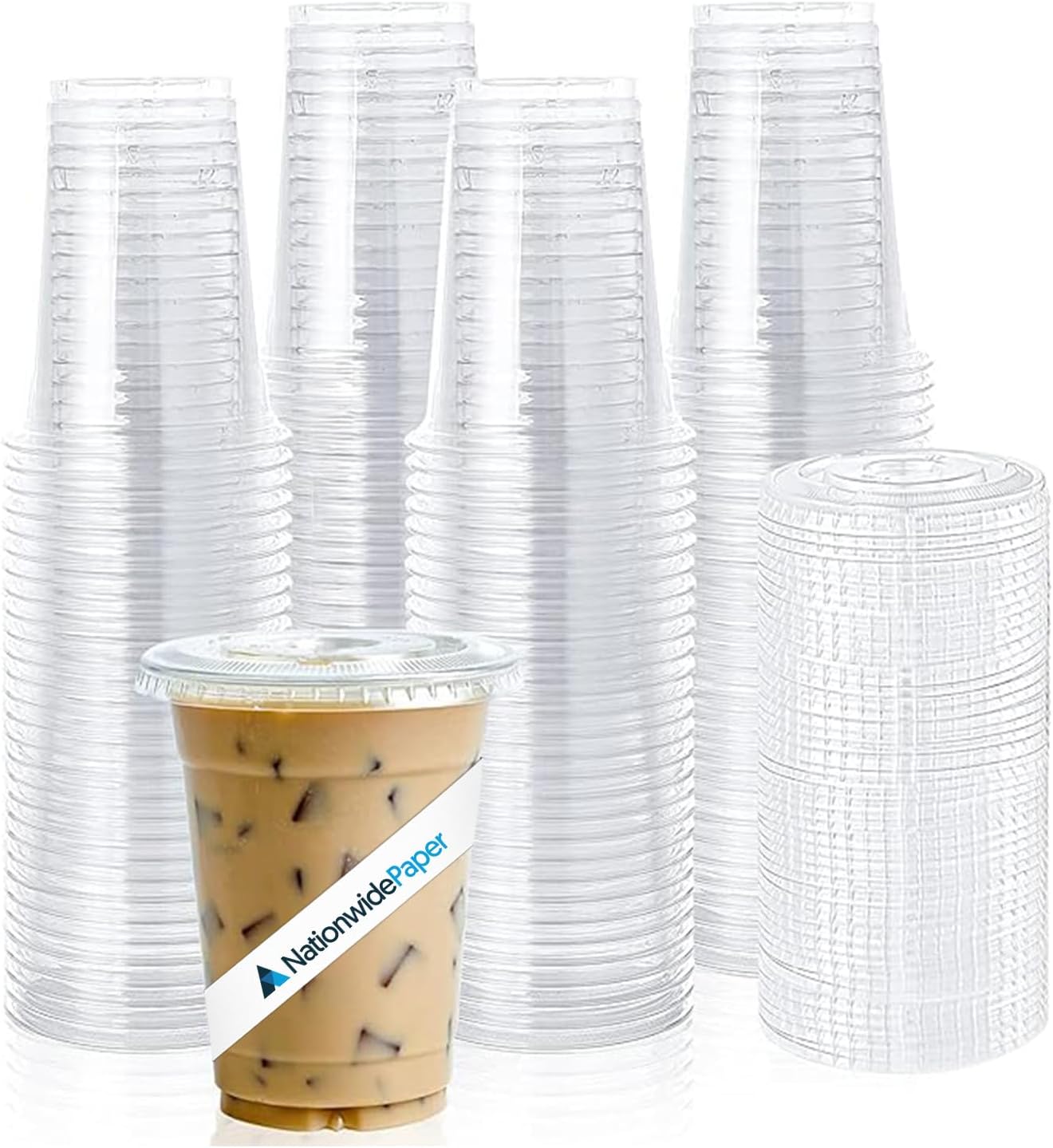 Nationwide Paper 12oz Crystal Clear Smoothie Cups with Flat lids, Perfect for Iced Coffee, Milkshake, Slurpee, Ice Cream, Razzle, Slush, Smoothy, Party's Pack of 50