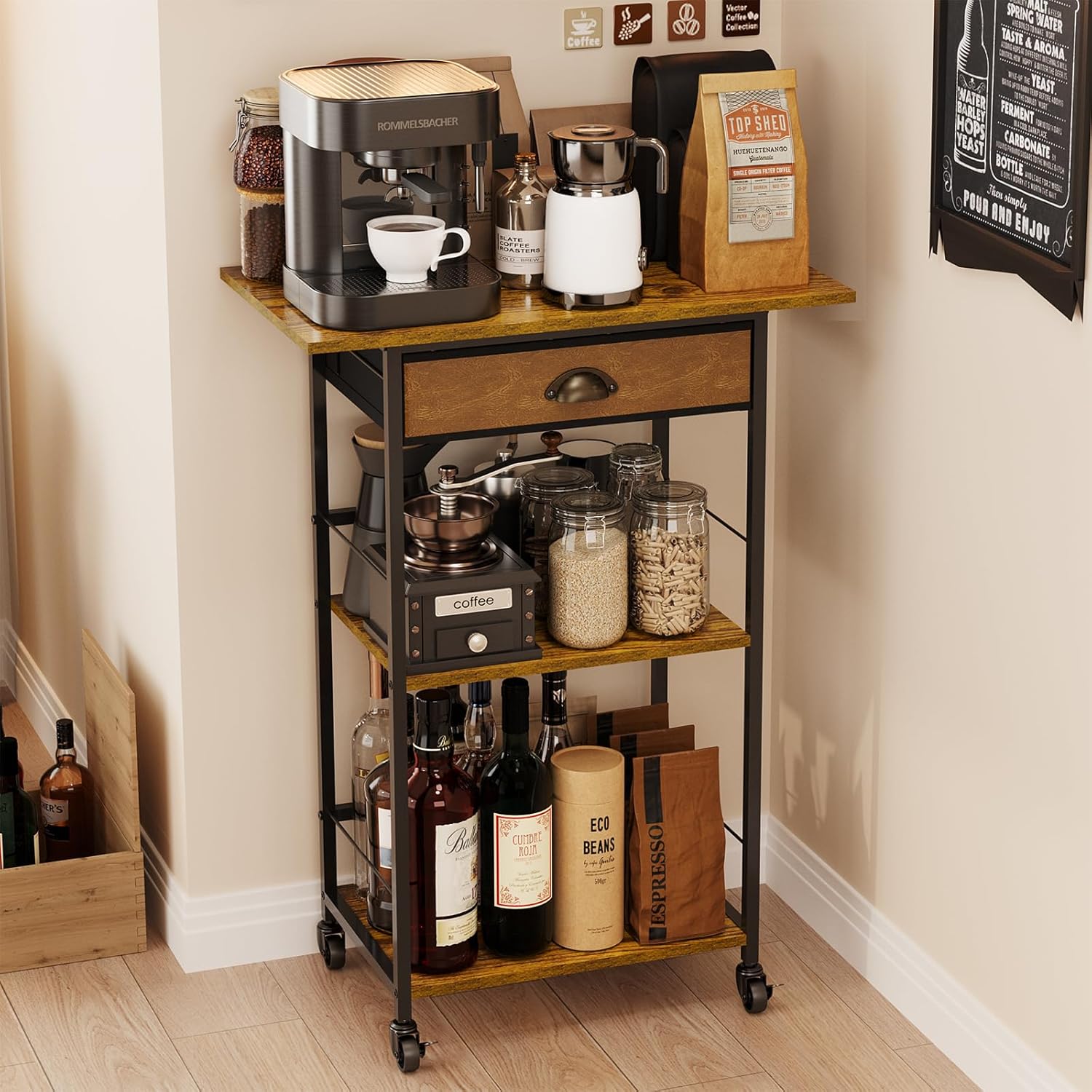 X-cosrack Coffee Bar Stand Station Cart with Storage Drawer -3 Tier, Extended Worktop Coffee Table, Farmhouse Corner Bar Cabinet for Small Spaces, Barkers Rack & Home Bar for Entryway, Living Room