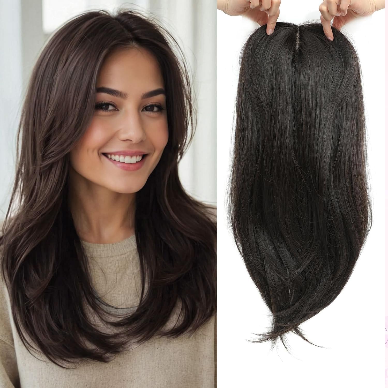 Hair Toppers, 6.5"X6.5" Big Base Topper for Hair Loss Long Layered 18 Inch Synthetic Fiber Wiglets Ladies Hairpieces for Women(Dark Brown)