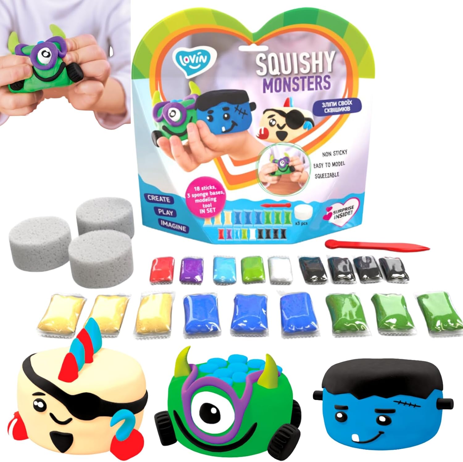 Lovin Create Your Own Squishy Monsters - Air Dry Clay Kit with 18 Modelling Clay Sticks, 3 Sponge Bases, 1 Modelling Tool - Play Dough Arts and Crafts for Kids Age 3 Years Plus