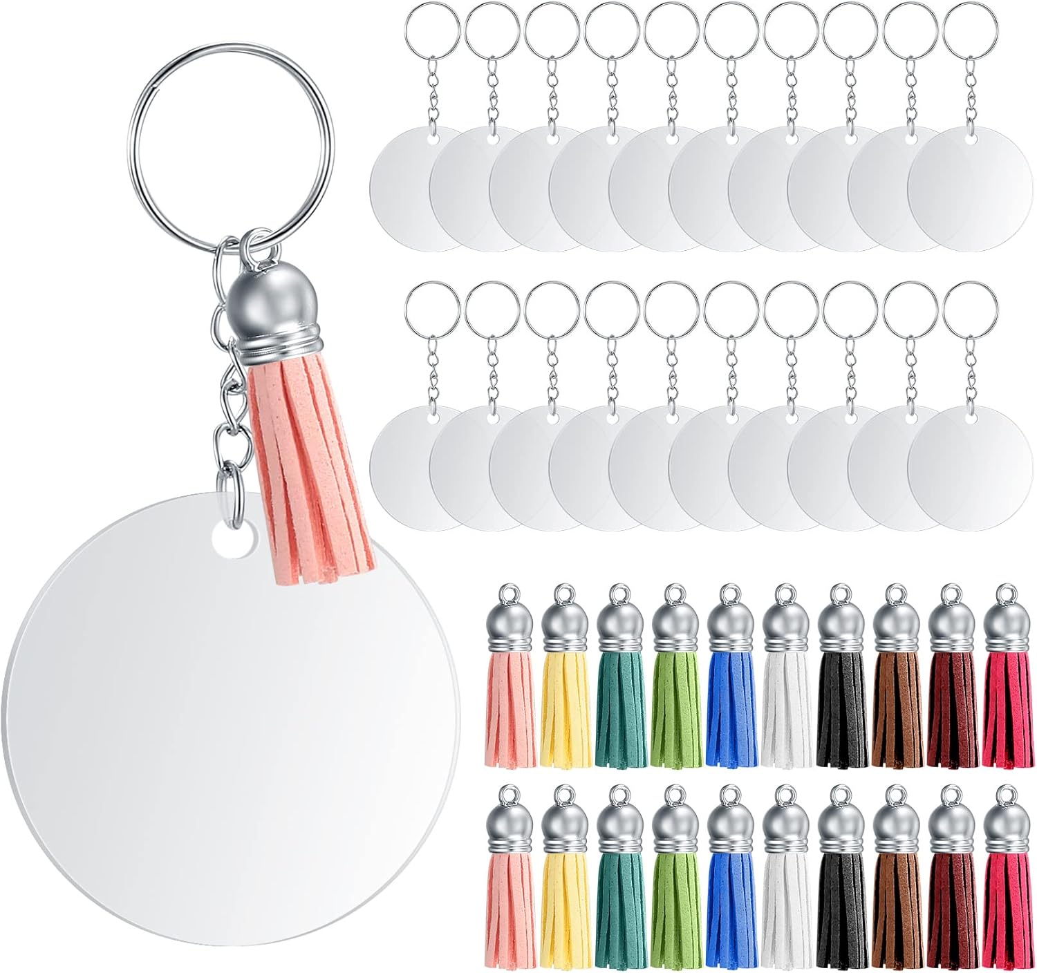 80 Pcs Acrylic Circle Blanks Keyring with Tassels Set, with Round Acrylic Transparent Circle Disc, Key Rings, with Keychain Jump Rings, Colourful Tassels, for DIY Crafts, Keyring Making