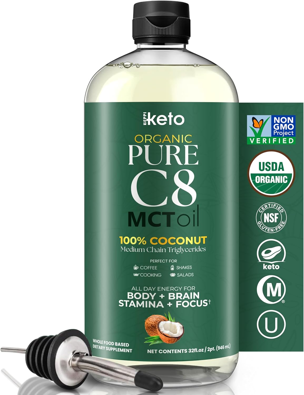 Keppi Keto Organic MCT Oil - Flavorless C8, Non-GMO, Certified Gluten-Free, Palm Oil Free, Vegan, Kosher, Halal, 32 oz Coconut Oil