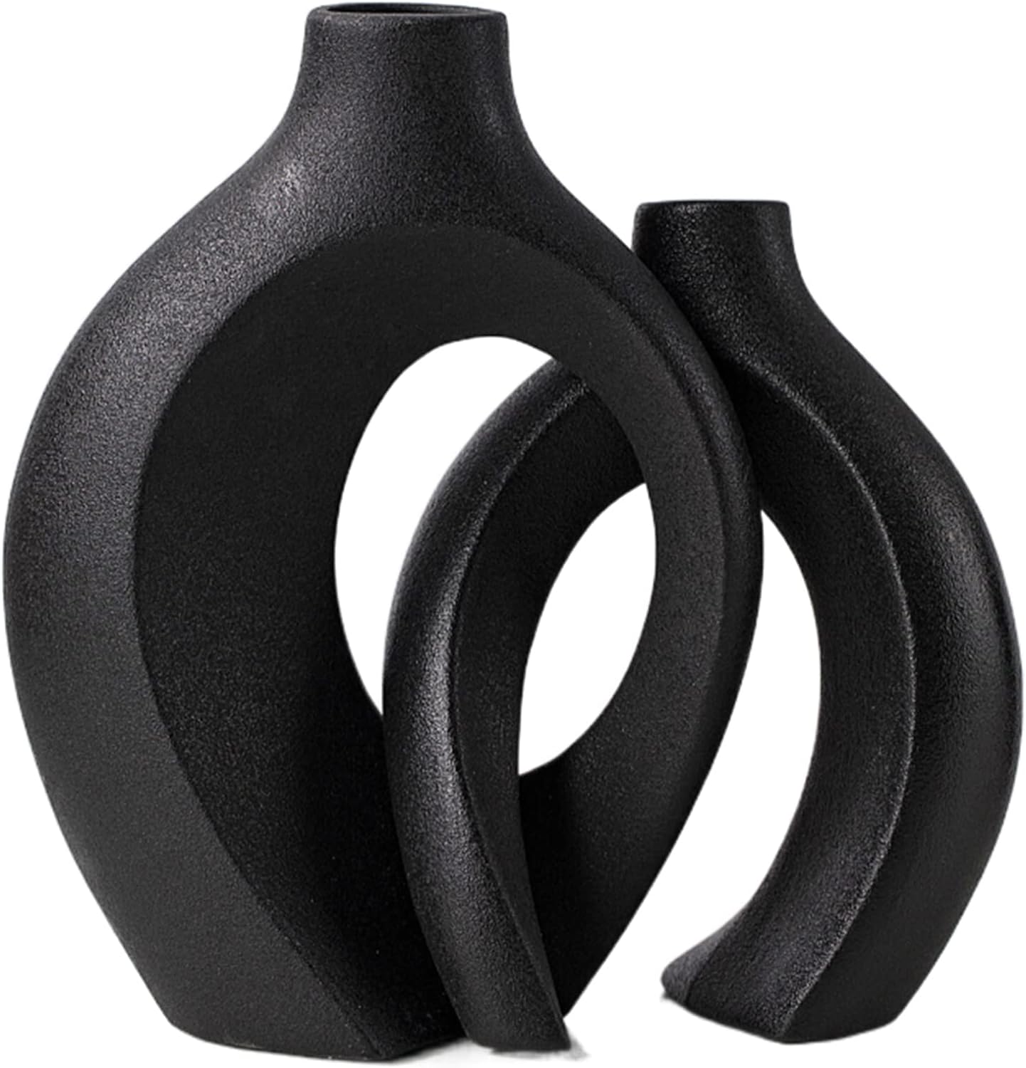 Levvohd Black Hollow Ceramic Vase Set of 2, Snuggle Round Boho Donut Modern Vase Nordic Minimalist Decorative Vase for Modern Trendy Home Table Centerpiece Decor (W 6.3" X H 8")