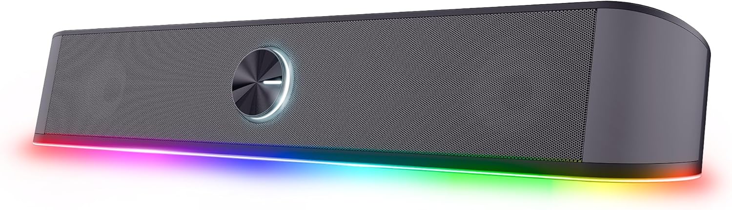 Trust Gaming GXT 1619 Rhox RGB Illuminated Soundbar, PC Speakers, 12W Peak Power, USB Powered Sound Bar, 3.5mm Jack, Plug and Play, Stereo PC Soundbar for Desktop, Laptop, Computer – Black/Grey