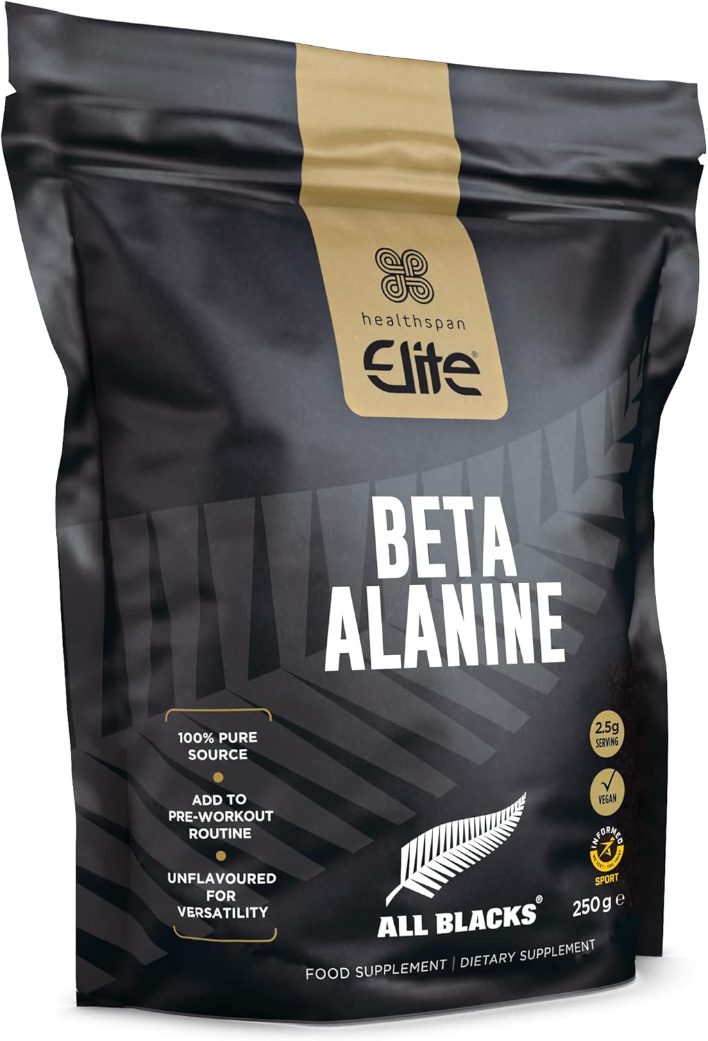 Healthspan Elite All Blacks Beta Alanine (250g) | Pre-Workout | Non Essential Amino Acid | Production of Carnosine | Unflavoured | Gluten Free | Vegan
