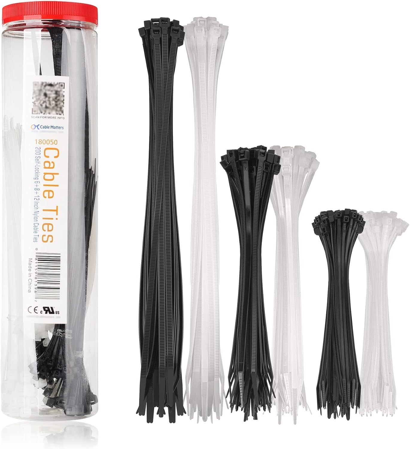 Cable Matters 200-Pack Cable Ties, 6/8/12-Inch, Black and White