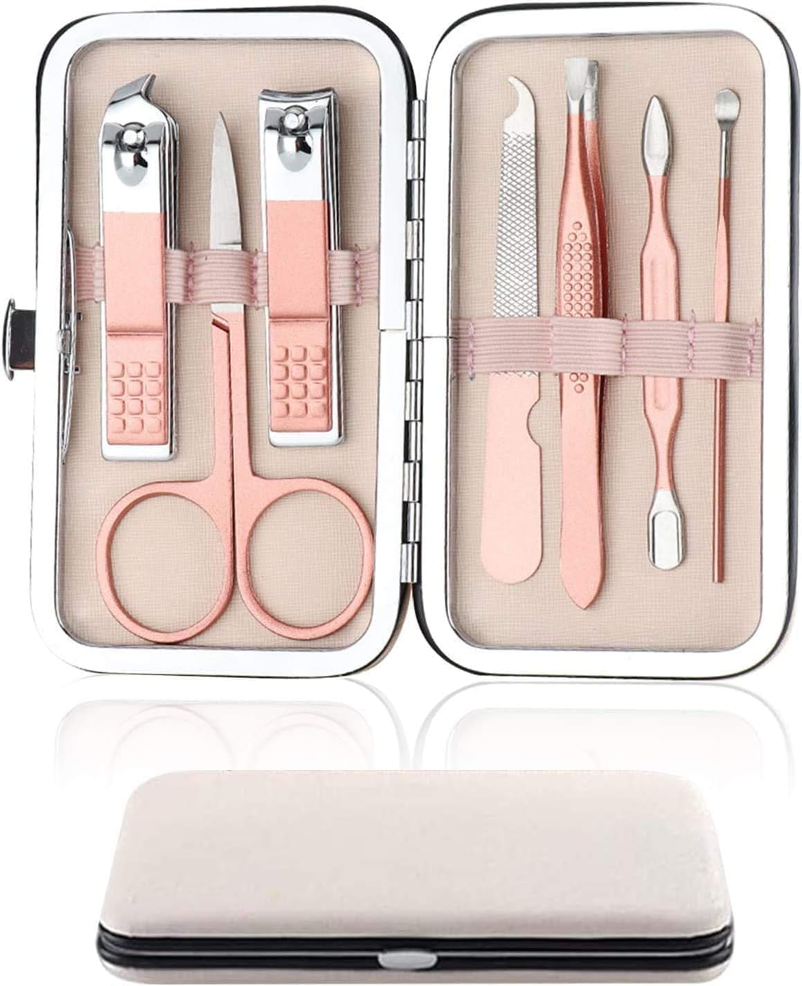 Nail Clipper Manicure Set, 7 In 1 Stainless Steel Professional Pedicure Kit Nail Scissors Grooming Kit with Black PU Leather Case for Travel & Home Use (Pink Leather)