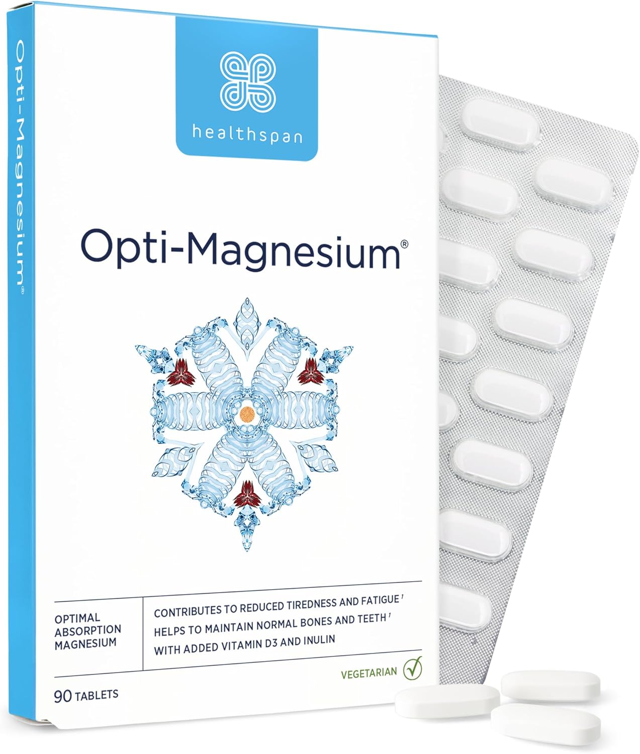 Healthspan Opti-Magnesium | 90 Tablets | for Bone & Muscle Support | Maintains Psychological Function and Nervous System | Easily Absorbed | Added Vitamin D3 | Inulin | Vegetarian