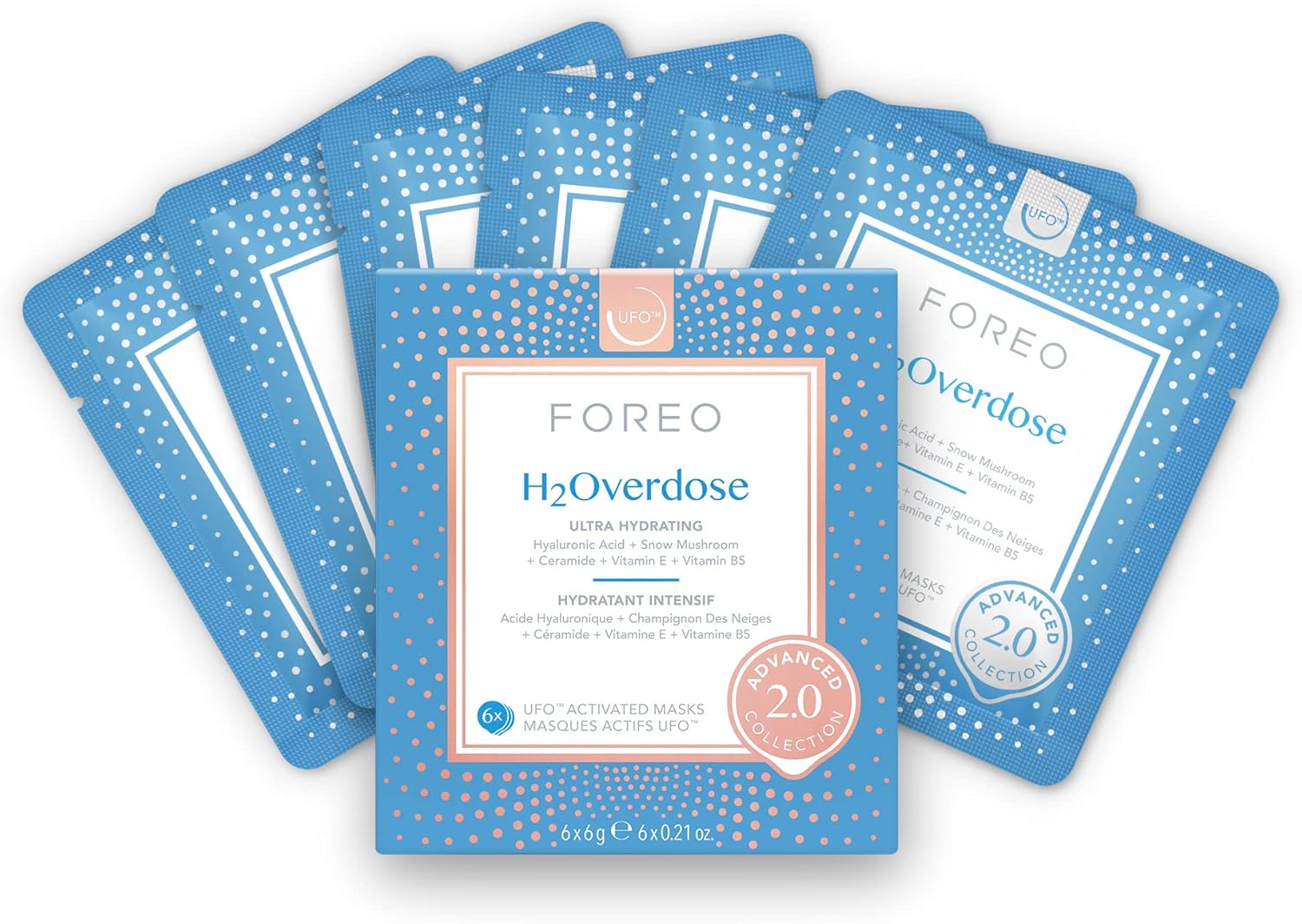 H2Overdose Advanced Collection 2.0 UFO-Activated Facial Mask, Hydrating Facial, Beauty & Personal Care, Hyaluronic Acid & Vitamin E, For All Skin Types, Dry skin & Flaky Skin, 6 Pieces in pack