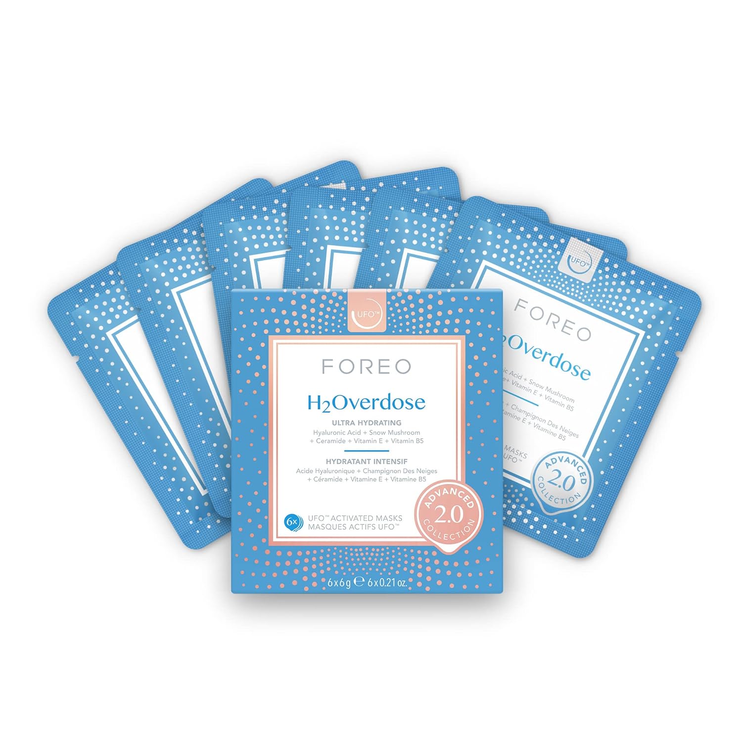 FOREO H2Overdose Advanced Collection 2.0 UFO-Activated Facial Mask - Hydrating Facial - Beauty & Personal Care - Hyaluronic Acid & Vitamin E - For All Skin Types - Dry skin & Flaky Skin - 6 pcs