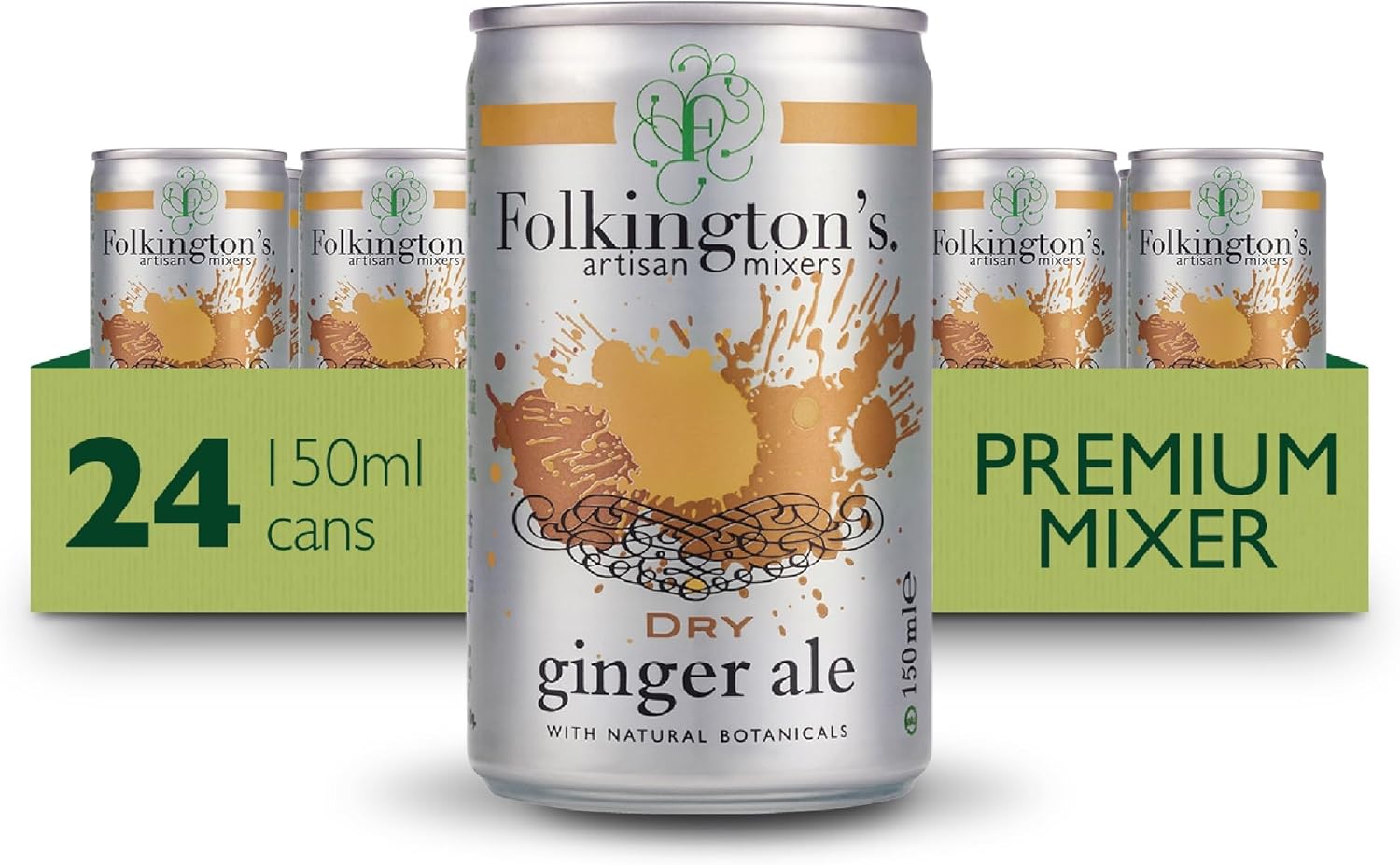 Folkington's Dry Ginger Ale, 24 Pack, Artisan Mixer with Natural Botanics, 3 x 8 Pack of 150 ml (24 Cans Total)