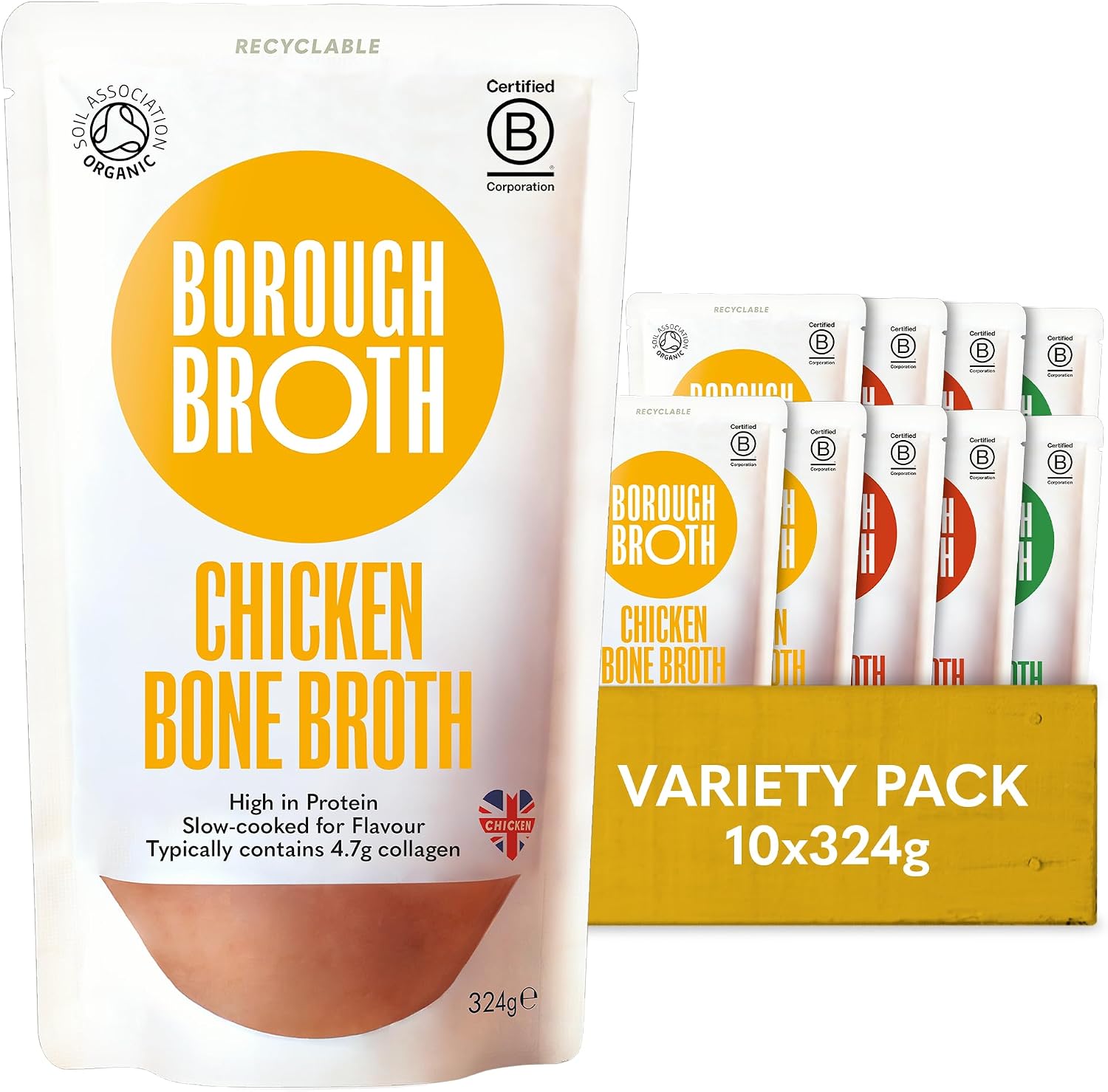 Classic Organic Bone Broth Bundle by Borough Broth - Chicken, Beef & Lamb - Free Range & Grass Fed - Source of Collagen & Protein, Low Calorie, Gluten-Free, Chilled, 10 x 324g