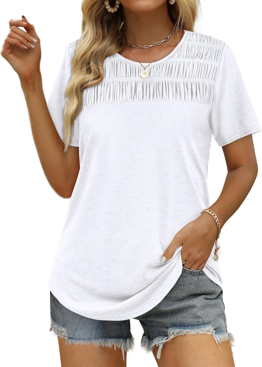 OFEEFAN Women's Summer Tops 2025 Trendy Short Sleeve Shirts Smocked Crewneck Tee