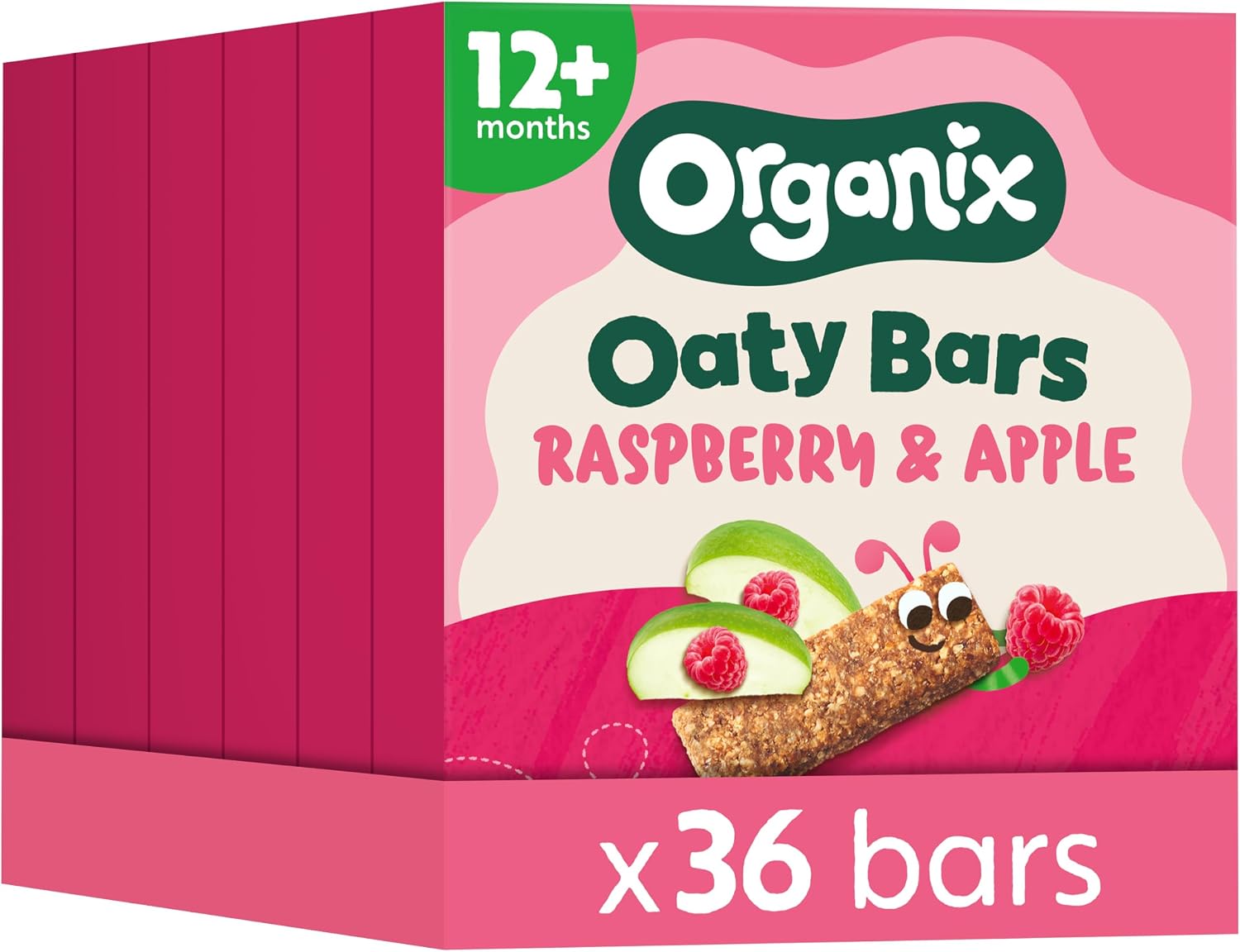 Organix Raspberry and Apple Organic Oaty Snack Bars Multipack, Toddler Snack 12+ Months, No Added Sugar, 6 x 23 g Bars Per Box (6 Boxes Total) - Packaging May Vary