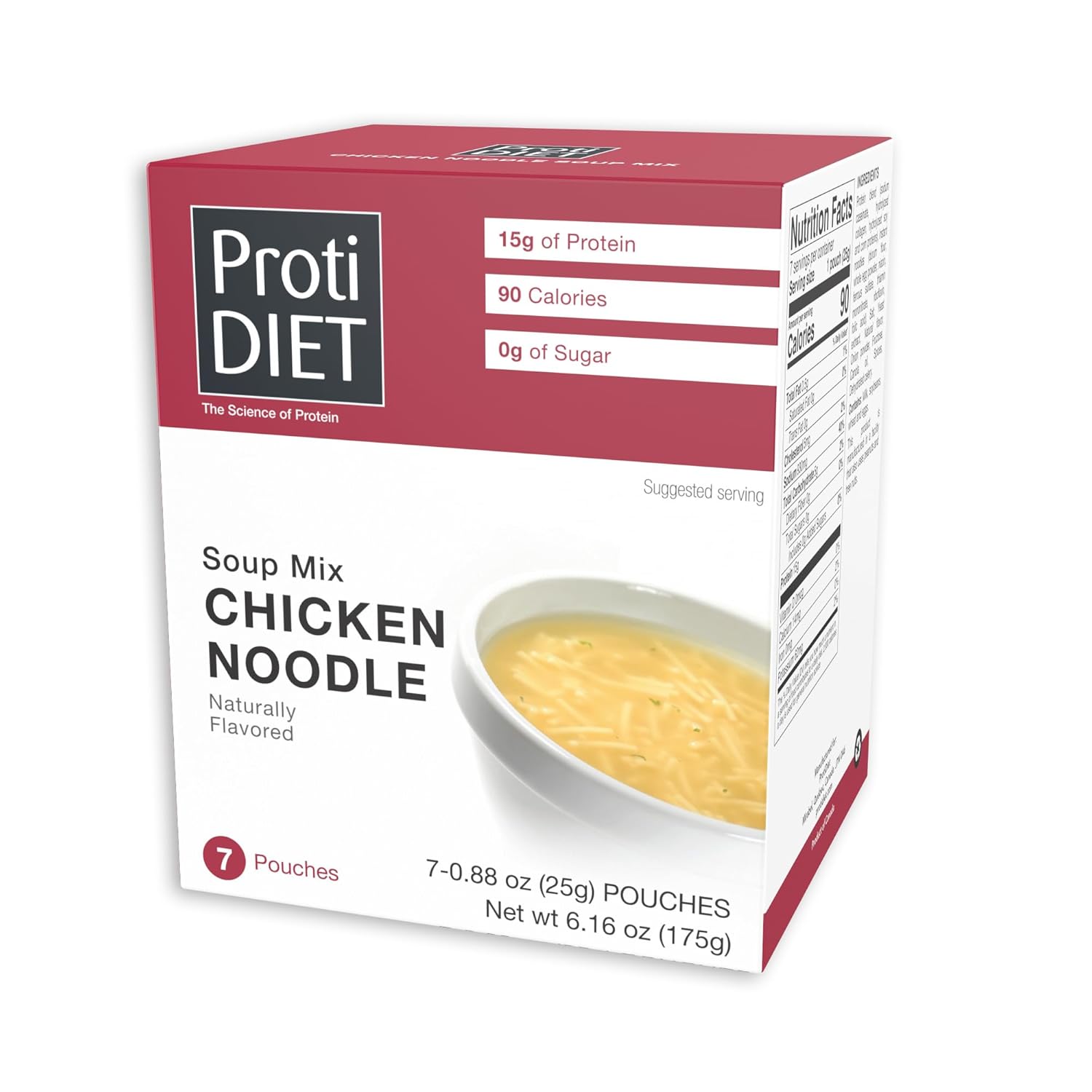 ProtiDIET High Protein Chicken Noodle Soup Mix - Keto, Low Fat and Sugar free - Quick and Easy to Prepare Meal Replacement Protein Powder Soup Mix with Collagen - 7 Pouches Per Box