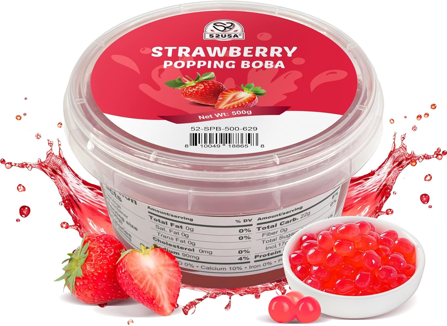 52USA Strawberry Popping Boba (500g), Popping Pearls for Bubble Tea, Beverages, Sweets, Ice Cream, Shakes, Desserts & Smoothies Topping, 1.1 Pound (Pack of 1)