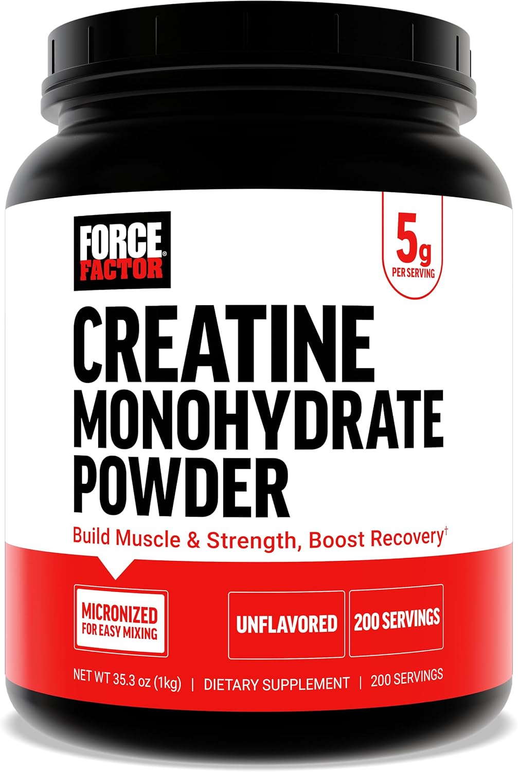 Force Factor Creatine Monohydrate Powder (1KG), 5g Micronized Dose to Support Muscle Growth, Strength, Recovery, Cognitive Health & Memory, Unflavored, 200 Servings