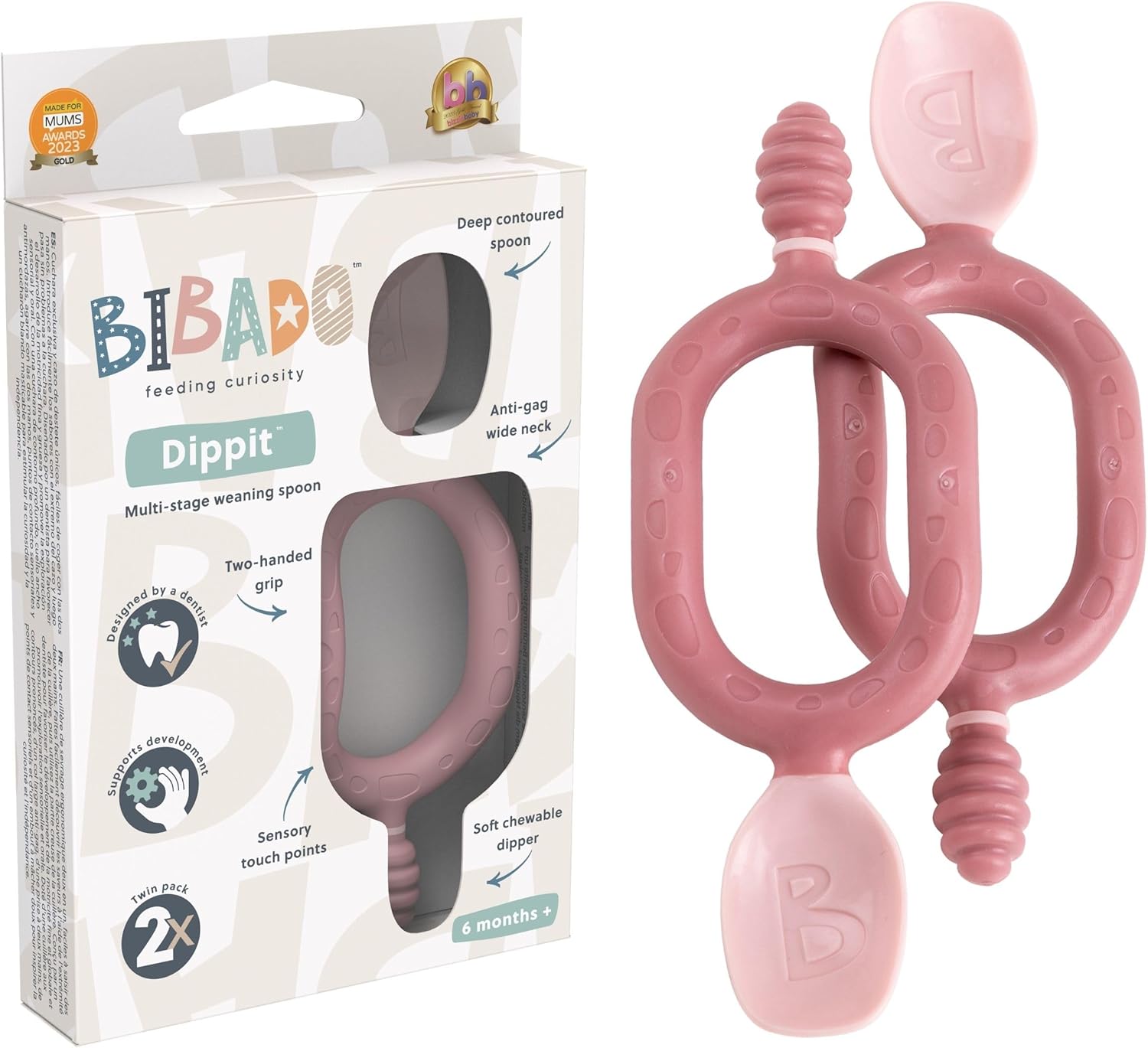 Bibado - Dippit Baby Spoon and Dipper, Blush (2-Pack) - Soft, Chewable Dipper & Deep Spoon - Two-Hand, Sensory Grip - Baby Weaning Set - Weaning Spoons - Baby Gifts - Baby Essentials - 6 Months+