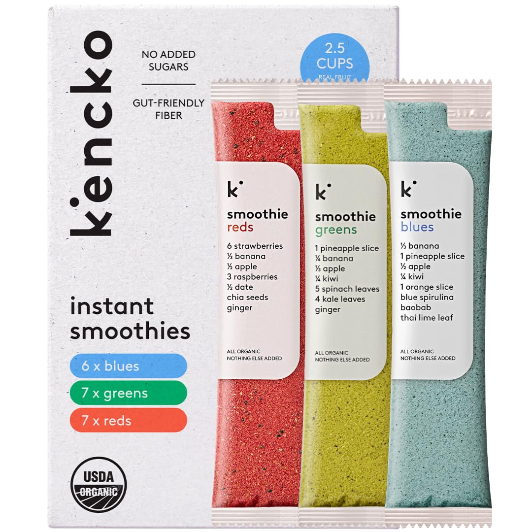 kencko Smoothie Mix Variety Pack - 20 Instant Breakfast Smoothies - 100% Organic Fruit And Vegetable Superfoods, Natural, Healthy Vegan, Gluten Free - Reds, Blues, Greens Powder Smoothie Mix Packets