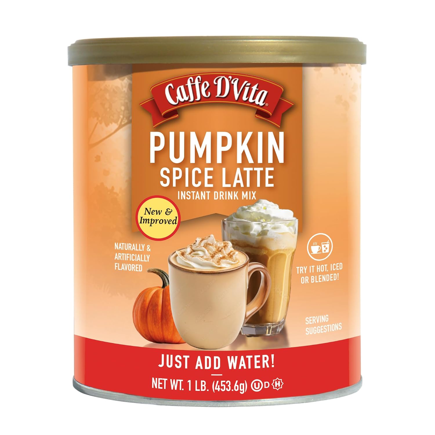 Caffe D'Vita Pumpkin Spice Latte Cappuccino - Instant Coffee Powder Mix, Gluten Free, No Cholesterol, No Hydrogenated Oils, No Trans Fat, 99% Caffeine Free - 1 Lb Can, Medium Roast