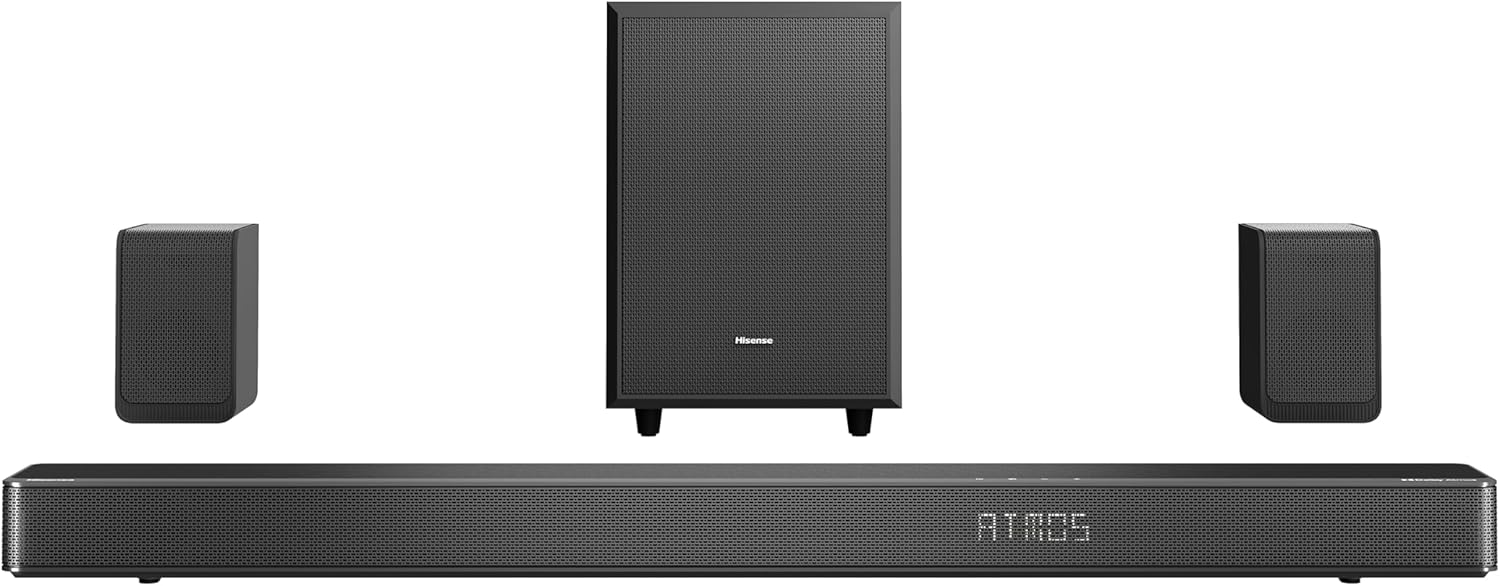 Hisense AX5125H 5.1.2Ch Sound Bar with Wireless Subwoofer, 500W, Dolby Atmos, Bluetooth 5.3, EzPlay, 4K HDMI Pass Through, Roku TV Ready, DTS:X, HDMI/AUX/ARC/Optical/USB, 7 EQ Modes