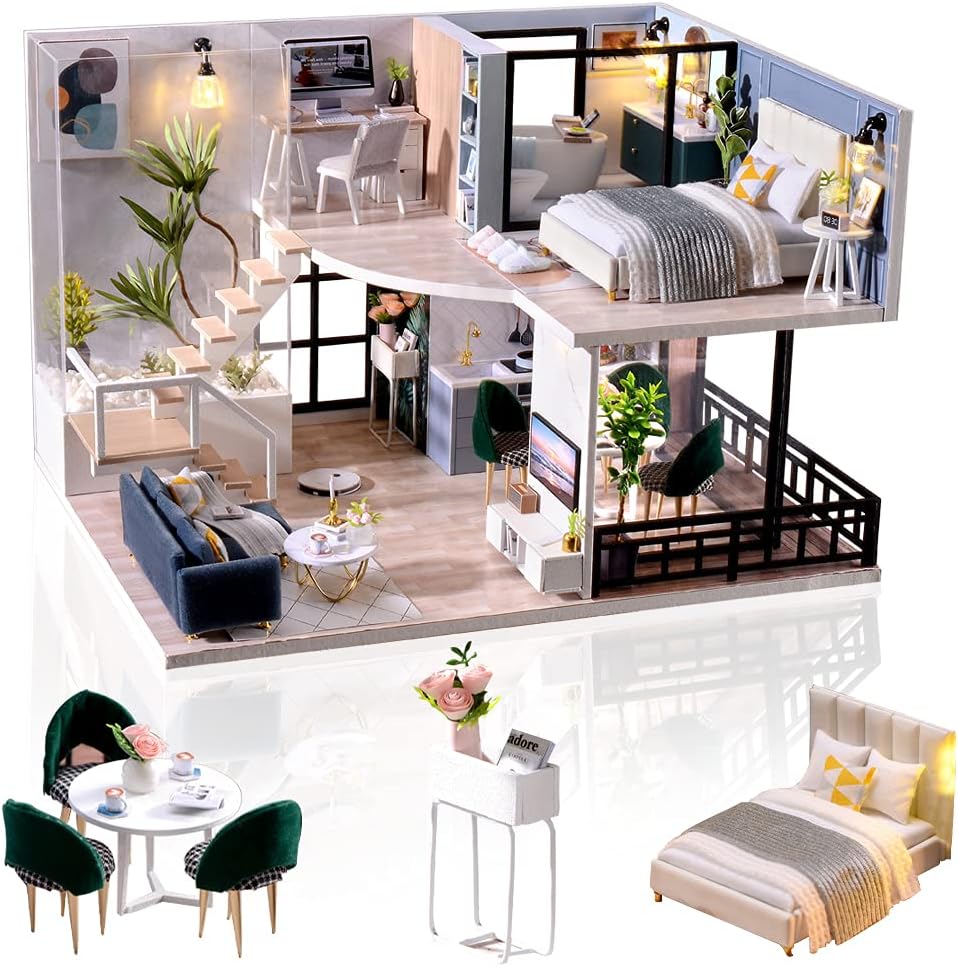 Cuteefun Miniature DIY Dolls House Kit, Wooden Doll house Kit with Furniture, Handmade Crafts for Adults, 1:24 Scale Gift for Birthday, Valentine's Day Father's Day(Leisure Time)