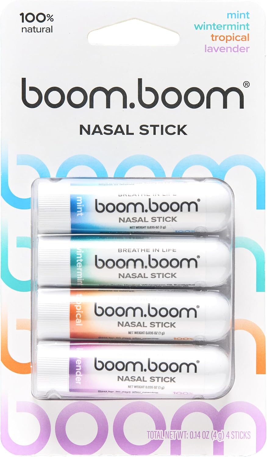 BoomBoom Nasal Stick | Vapor Flow Technology | Cool Refreshing Sensation | Natural Mood Boost | Simple Ingredients | Essential Oils + Menthol Inhaler (Mint, Wintermint, Tropical, Lavender)