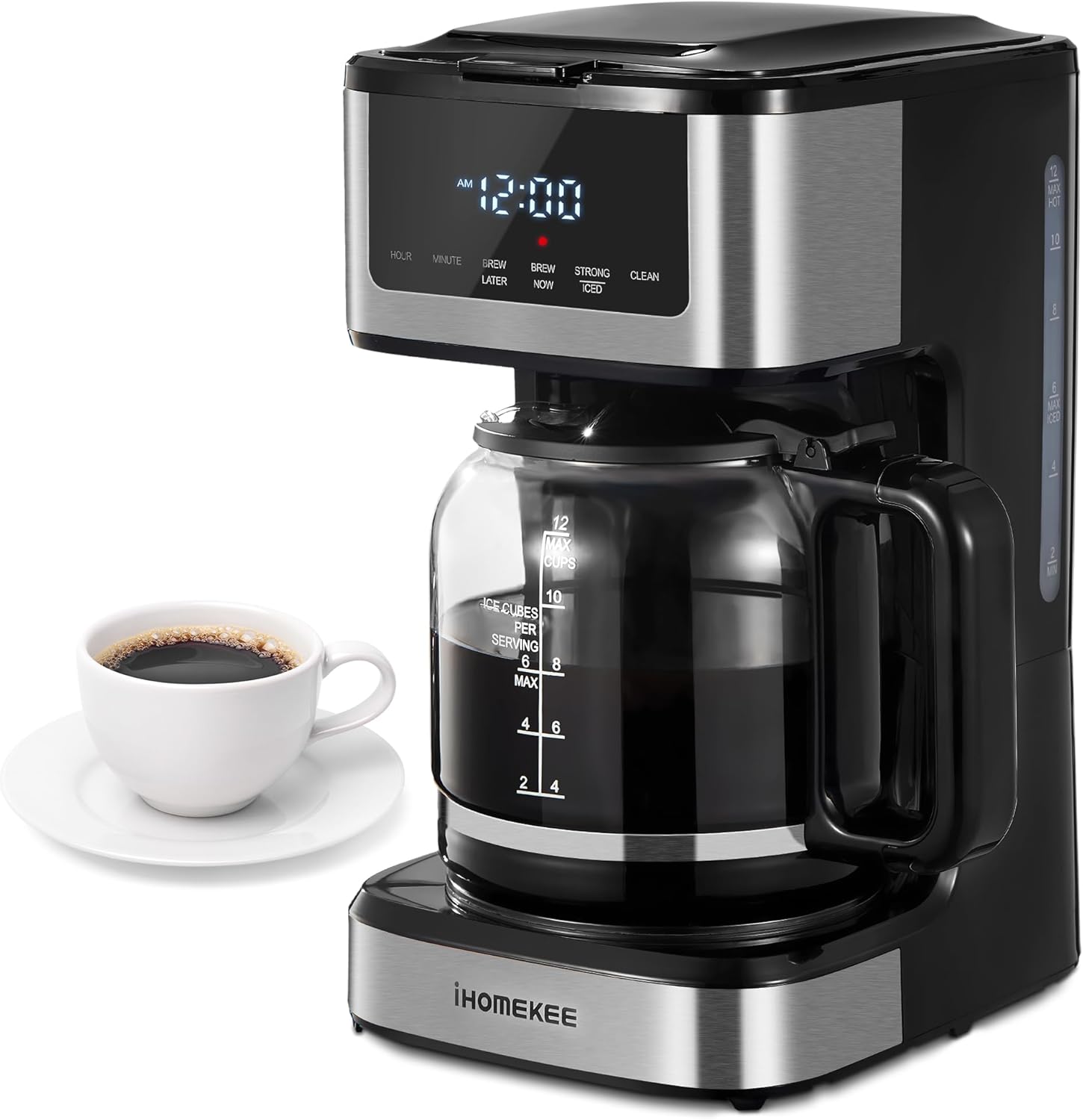 Programmable Coffee Maker, 12 Cup Drip Coffee Machine with Iced Coffee Function, Regular & Strong Brew, Compact Coffee Machines for Home and Office, Silver and Black