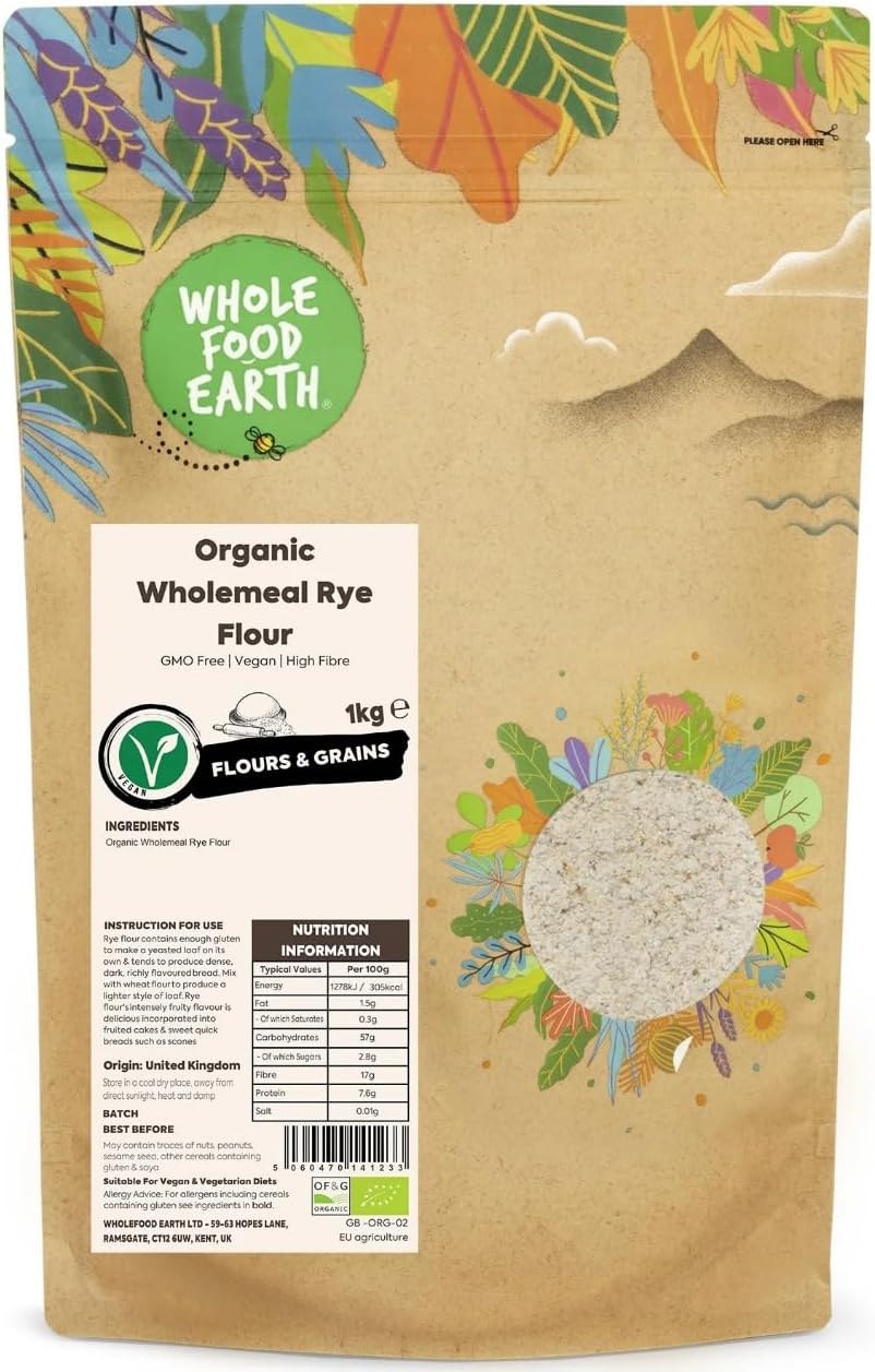 Wholefood Earth Organic Wholemeal Rye Flour – 1 kg | GMO Free | Vegan | High Fibre | Certified Organic