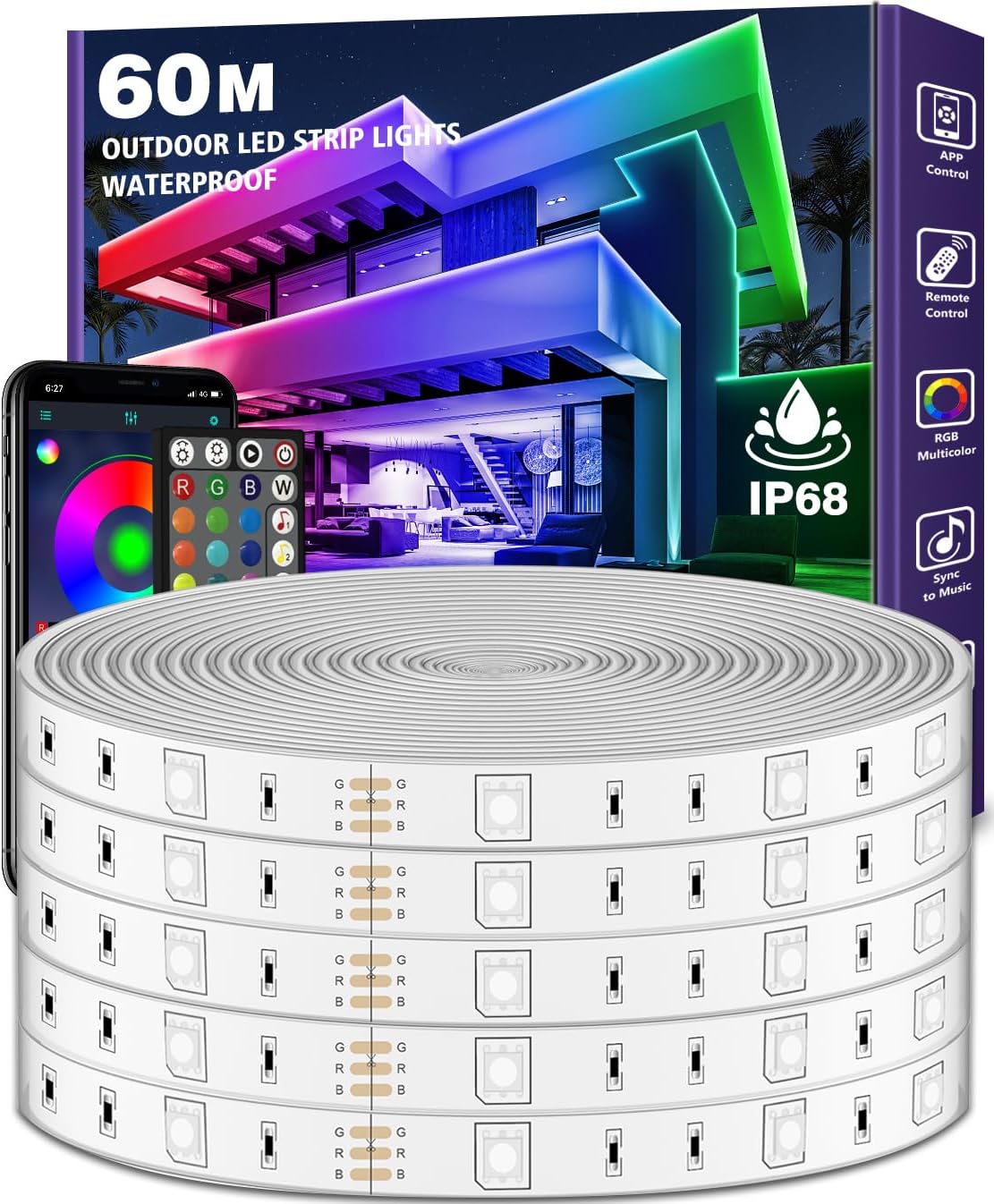 LETIANPAI Outdoor LED Strip Lights 60m Waterproof,BalconyExterior Led Rope Lights for DeckMusic Sync RGB IP65 Outside Led Light Strips Waterproof with App and Remote