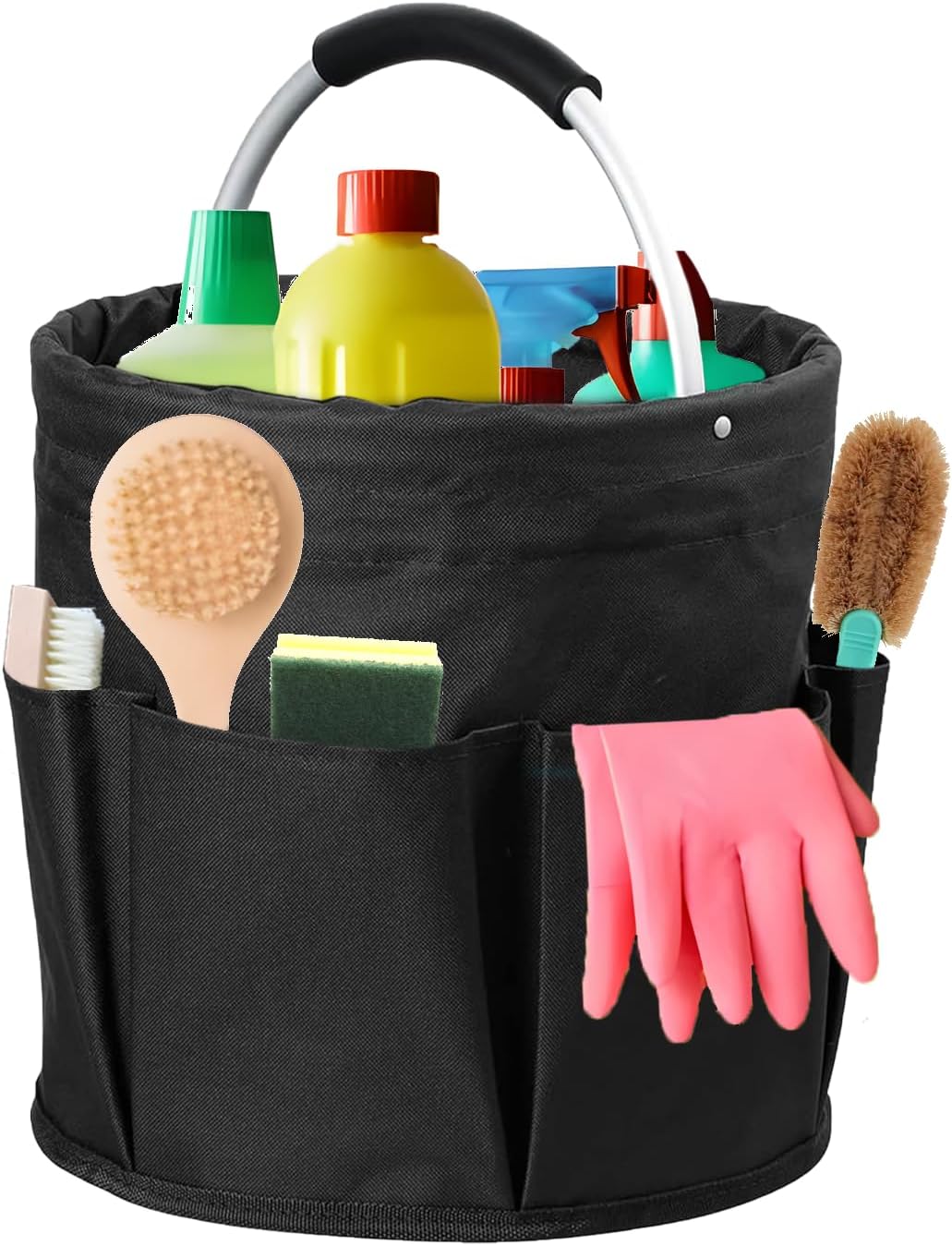 Nircho Cleaning Caddy with Handle, 17L Cleaning Bucket Organiser Caddy Portable Multi Pocket Large Capacity Bag, Foldable Storage Basket Organiser for Home, Garden (Black)