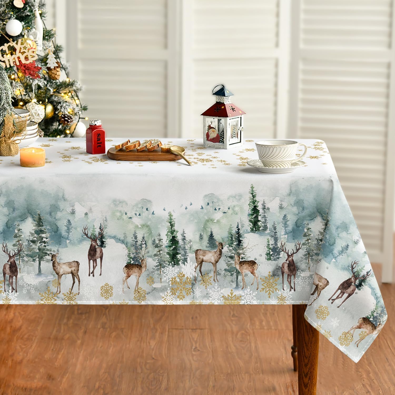 Artoid Mode Gold Snowflakes Trees Deer Christmas Table Cloth, Rectangular 140x220 cm Xmas Table Cover Protector For Party Home Table Decorations