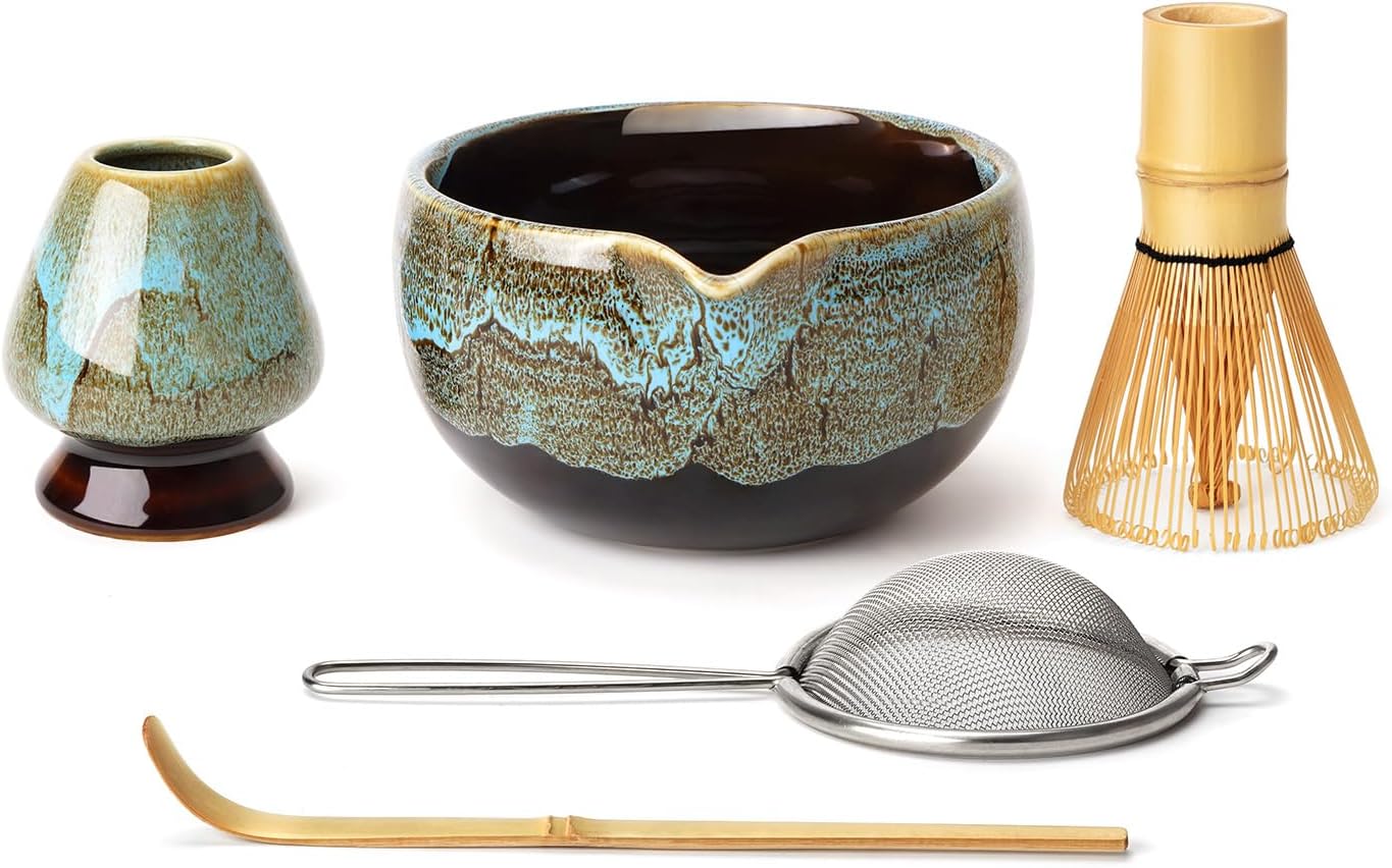 Matcha Whisk Set, Kiln-transformed Matcha Kit, Ceramic Bowl with Spout (18oz), Bamboo Whisk, Stainless Sifter, Scoop & Chasen Holder, 5-PC Complete Japanese Macha Tea Ceremony Tools (Blue)