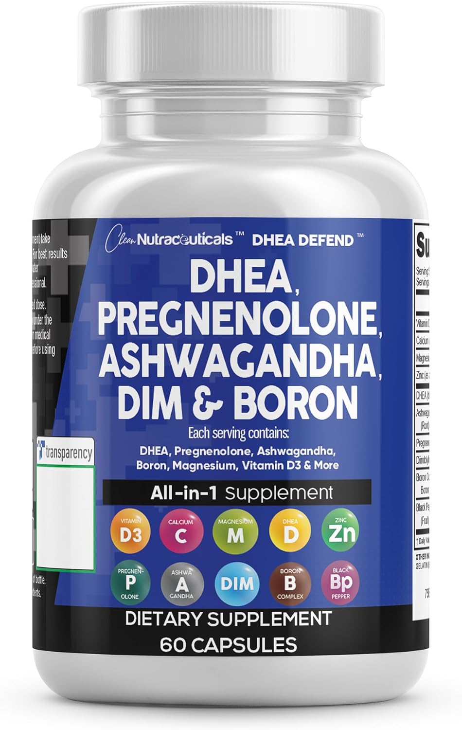DHEA 200mg Supplement Pregnenolone 100mg for Men & Women with DIM Ashwagandha Boron 6mg Complex Calcium Magnesium Zinc 50mg Vitamin D3 5000 iu Hormone Support Capsules Pills - Made in USA 60 Ct