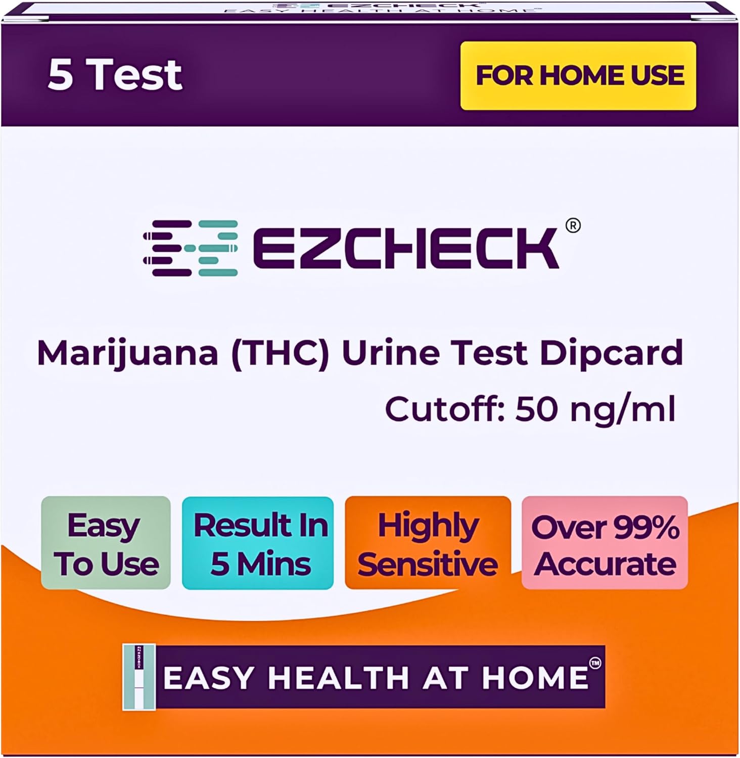 [5 Tests] EZCHECK® Highly Sensitive at Home Marijuana Drug Test, THC Dip Card, THC Urine Drug Test, Easy Home Drug Test, 50 ng/Ml - Fast Result in 5 mins - FSA/HSA Eligible