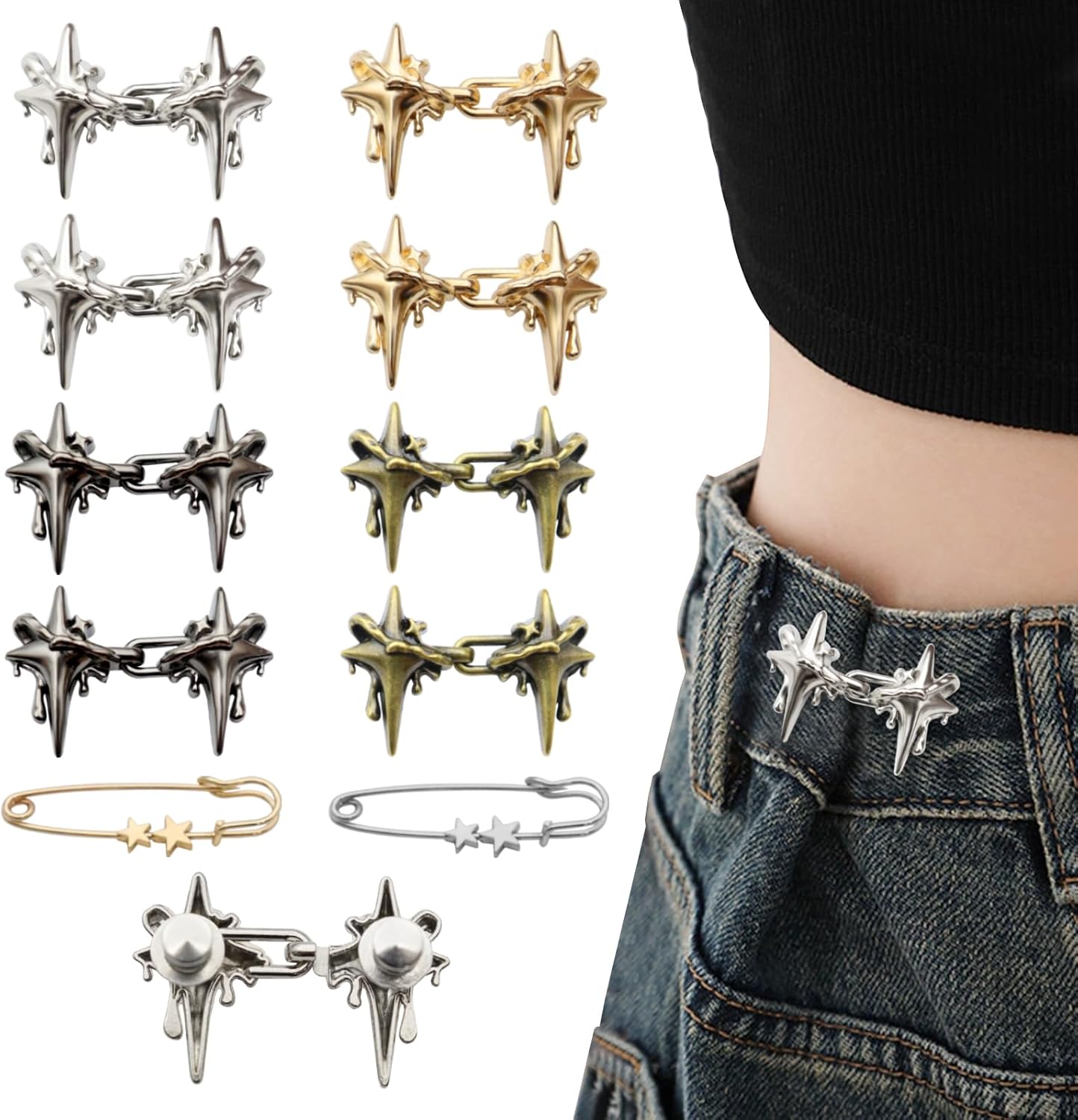 10 Set Pant Waist Tightener Star Buttons Pins for Loose Jeans Reusable Waist Cincher Clip Metal Brooch for Women Clothing Dresses Skirts No Sewing Decoration Accessories
