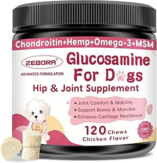 Glucosamine for Dogs, Joint Supplement for Dogs, Chondroitin, MSM, Hemp, Turmeric, Omega 3 for Pain Relief & Skin Health, Dog Hip and Joint Supplement with Calcium Support Bones Health - 120 Chews