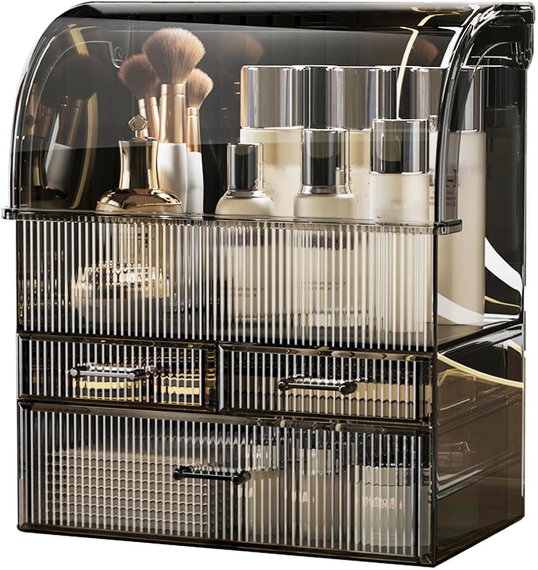 Makeup Storage Organiser, XL Large Acrylic Cosmetics Organizer Skincare Display Case with Drawers and Waterproof Cover for Countertop, Bathroom, Dresser(Black-XL)
