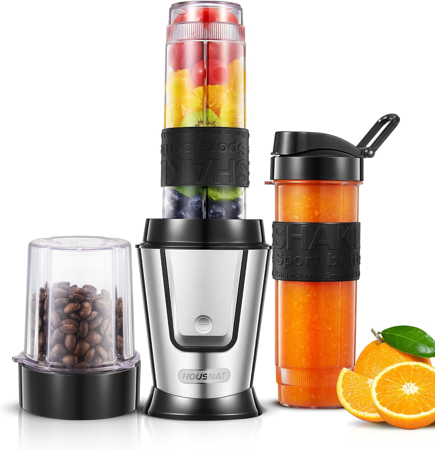 HOUSNAT Blender Smoothie Makers 3 in 1, Personal Blender Mixer Multifunctional with 280ml Grinder, 2 Portable Bottles for Shakes and Smoothies, BPA Free, 10s Quick Mix, 500W