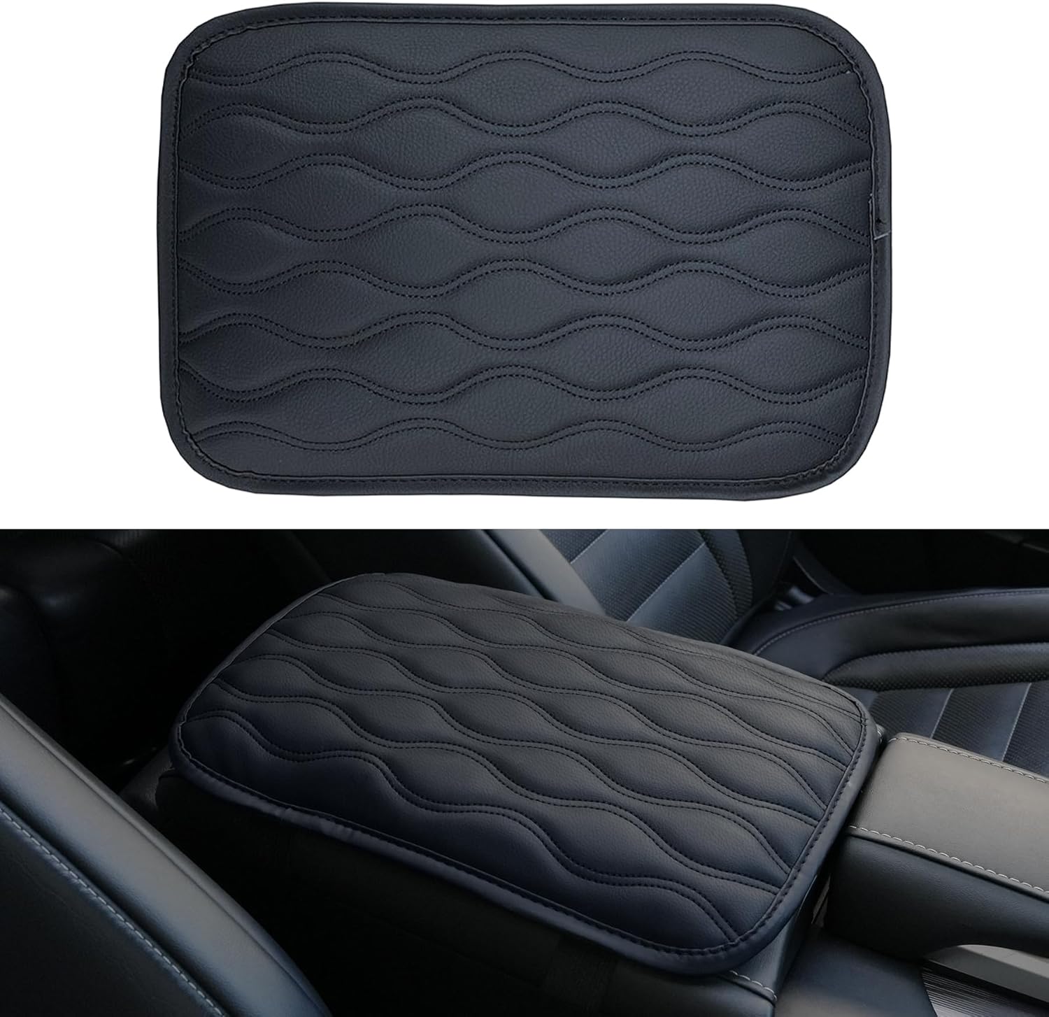 Amiss Auto Center Console Pad, Universal Waterproof Armrest Seat Box Cover, Car Interior Accessories, Leather Auto Armrest Cover Protector for Most Vehicle, SUV, Truck (Black)