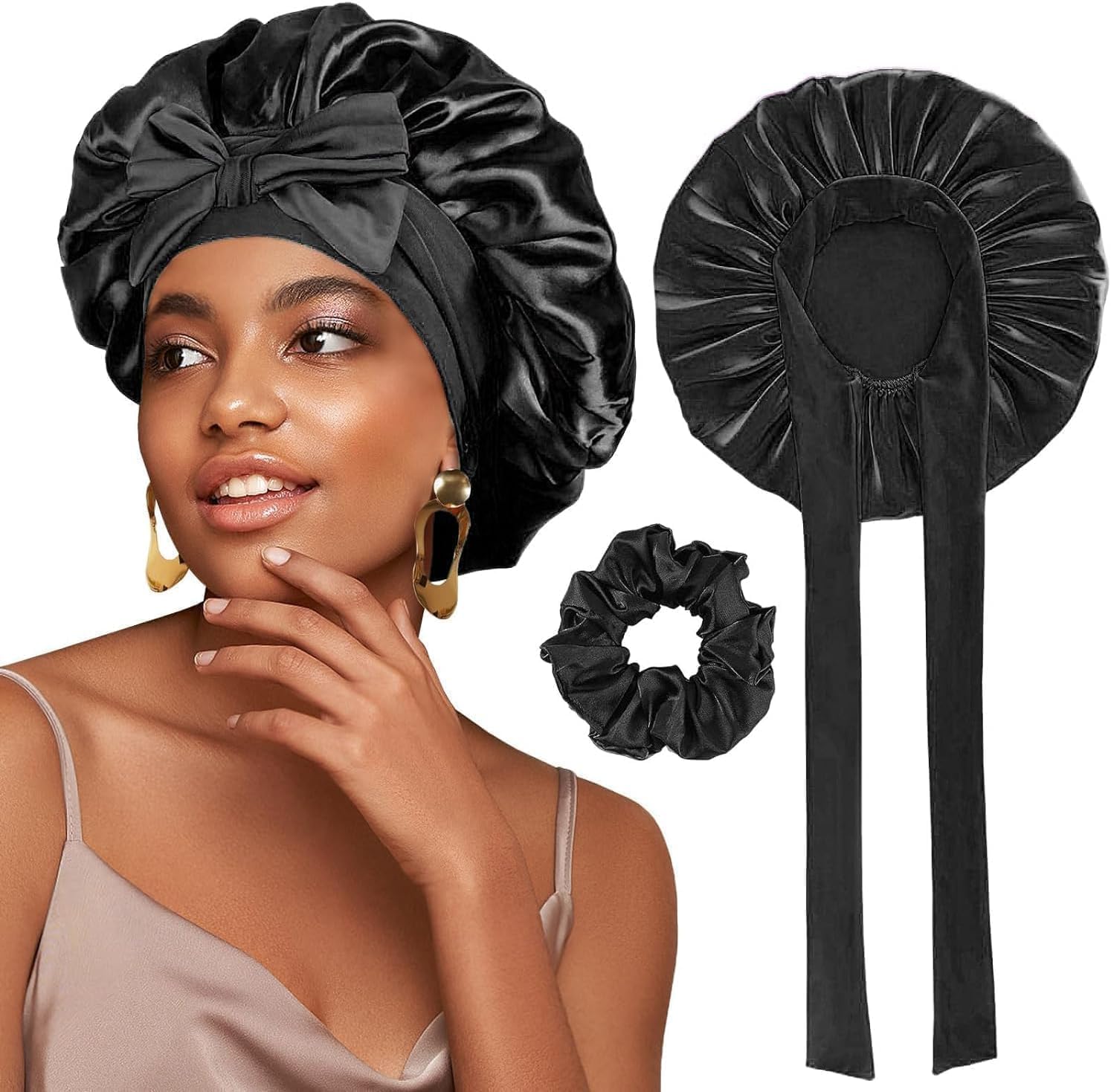FOLAI Satin Bonnet,Silk Sleep Bonnets for Women, Adjustable Satin Night Sleeping Cap Soft Elastic Band Silk Bonnets for Sleeping, Hair Bonnet with Tie Band for Curly Hair Braid Women Black