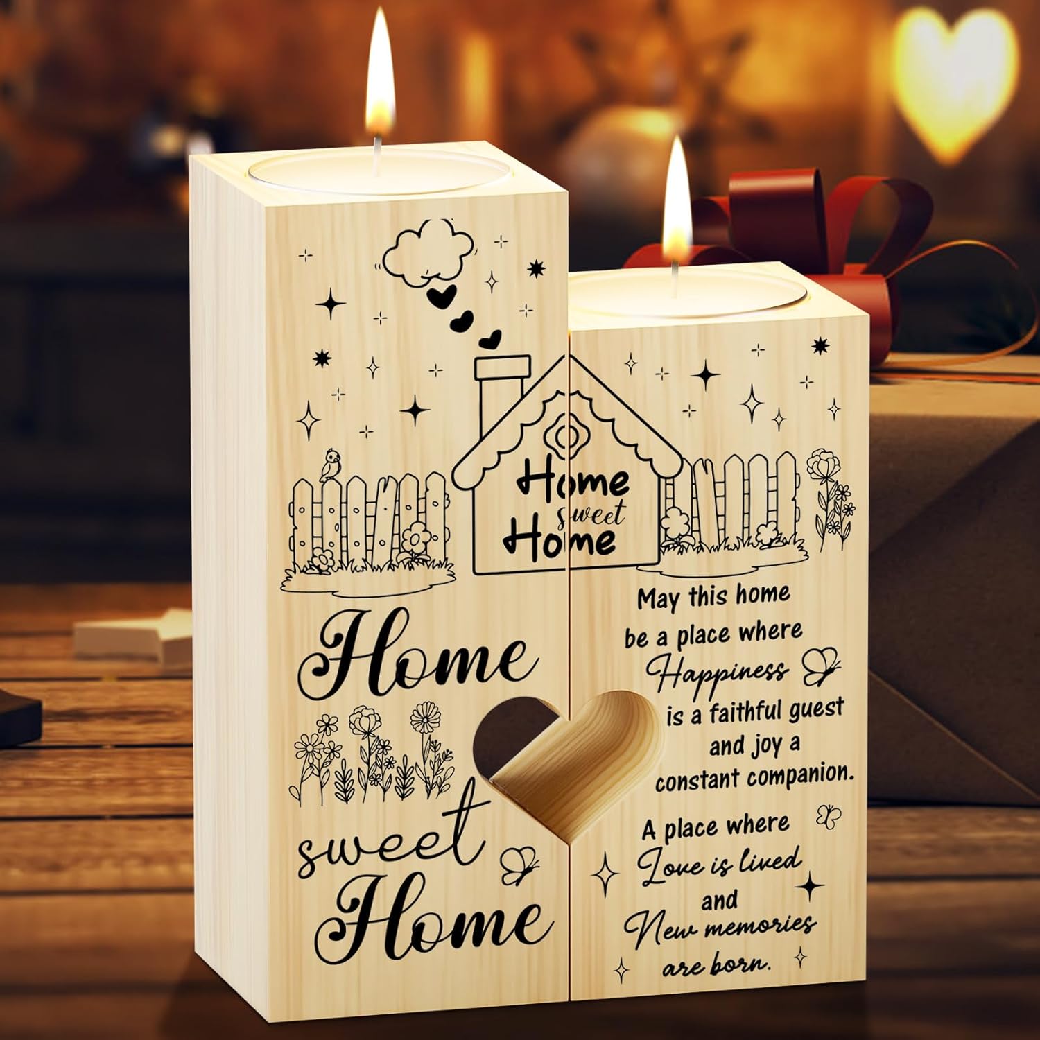 Welsky New Home Gifts, House Warming Gifts New Home Wooden Candle Holders, Warm Engraved Moving in Housewarming Gift, House Warming Gift for Women Couple Friends Family