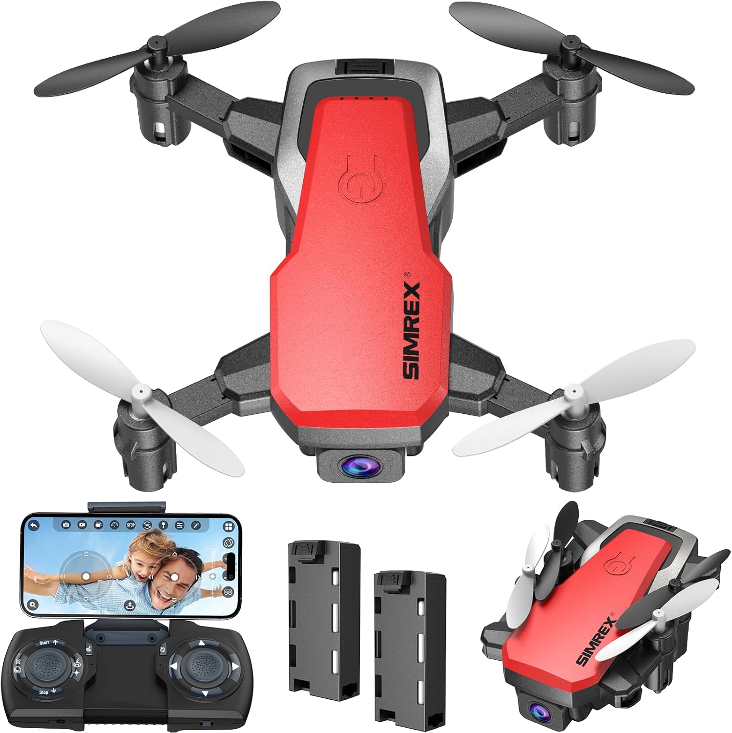 SIMREX X300C Mini Drone with Camera 720P HD, RC Quadcopter Foldable, Altitude Hold, 3D Flip, Headless Mode, Gravity Control and 2 Batteries, Gifts for Kids, Adults, Beginner, Red