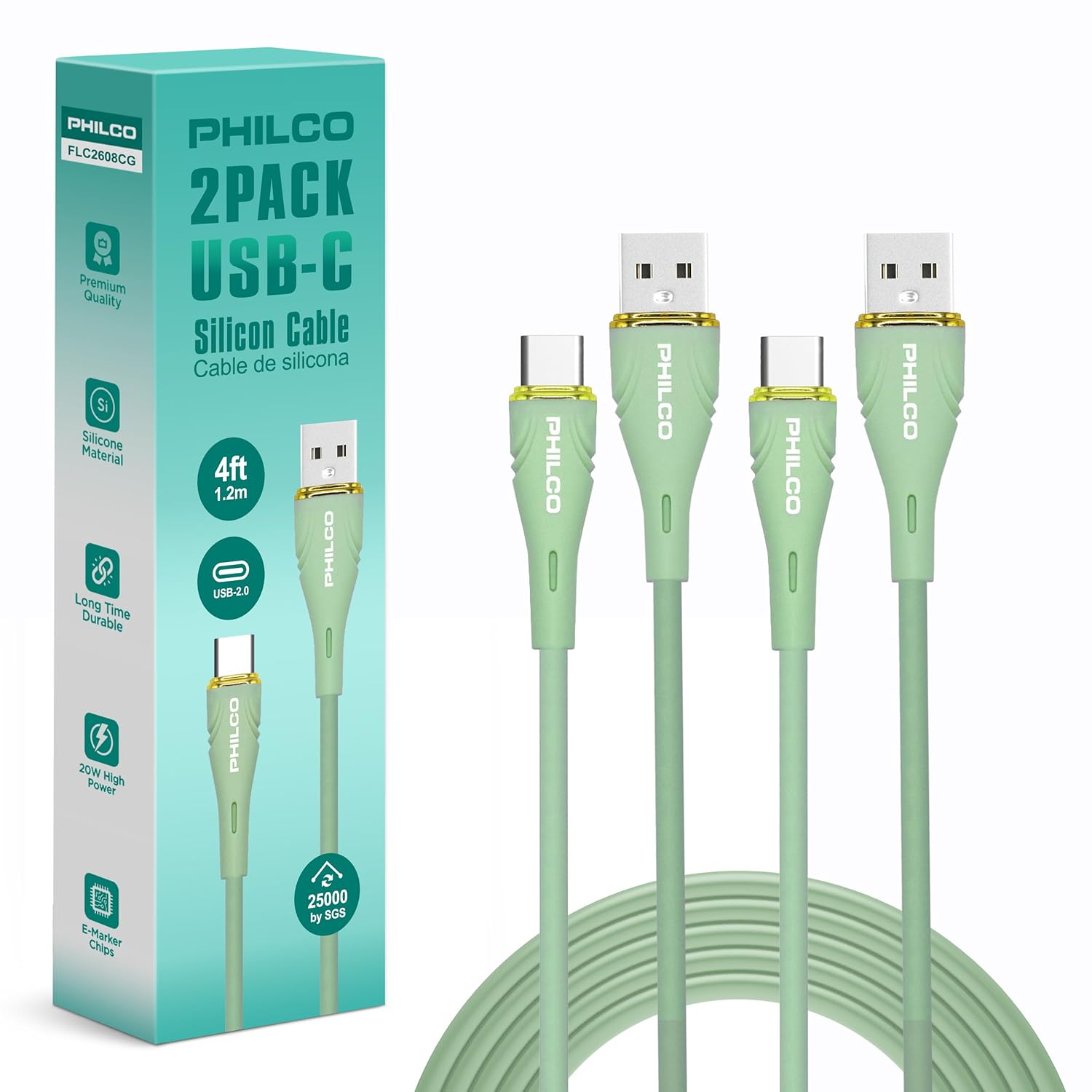 Philco USB to USB C Cable, 20W Type C Fast Charging, Soft-Touch Silicone Cord, Durable, Tangle-Free Power Cable for MacBook, iPhone 16, iPad, Samsung, Android & More 4FT. (2PK.,Green)