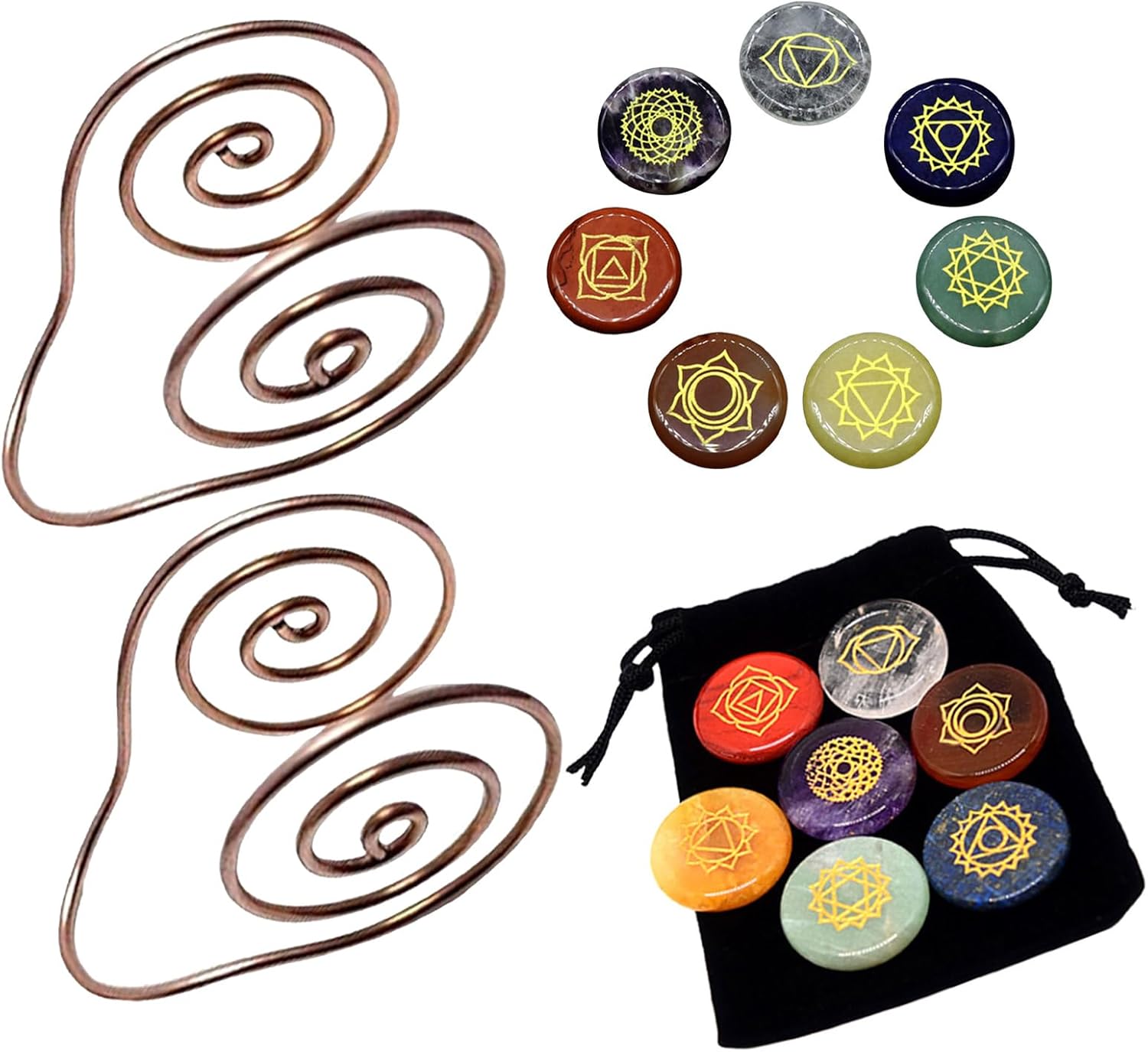 Sbyhbhyds 2 Pcs Copper Ring Spiral Hand Rings+7 Pcs Stone,Handmade Copper Spiral Hand Rings with Crystal Gem,Meditation Gift with Storage Bags for Women Men,Novelty Fidget Jewelry Ring